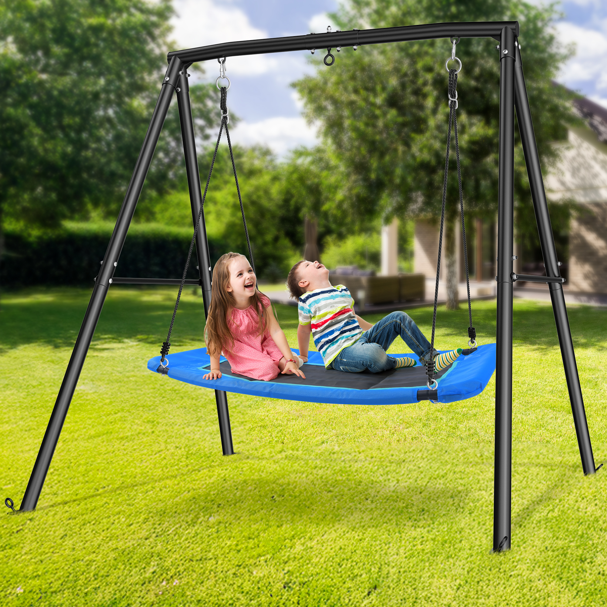thumbnail video image 2 of KloKick Metal Swing Set - 60" Large Platform Swing, 440lbs Heavy Duty Set for Kids' Backyard Play(Blue), 2 of 8