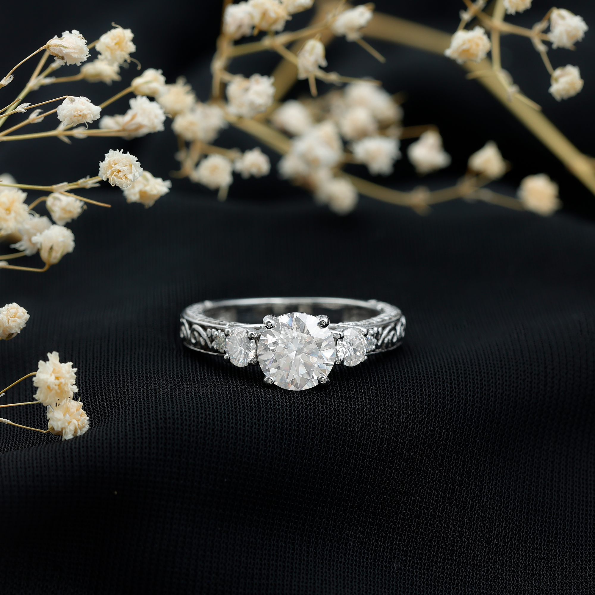 thumbnail video image 2 of Rosec Jewels Three Stone Ring for Women - Certified Moissanite Engagement Ring (D-VS1 Grade), 18K Yellow Gold, US 11.50, 2 of 7