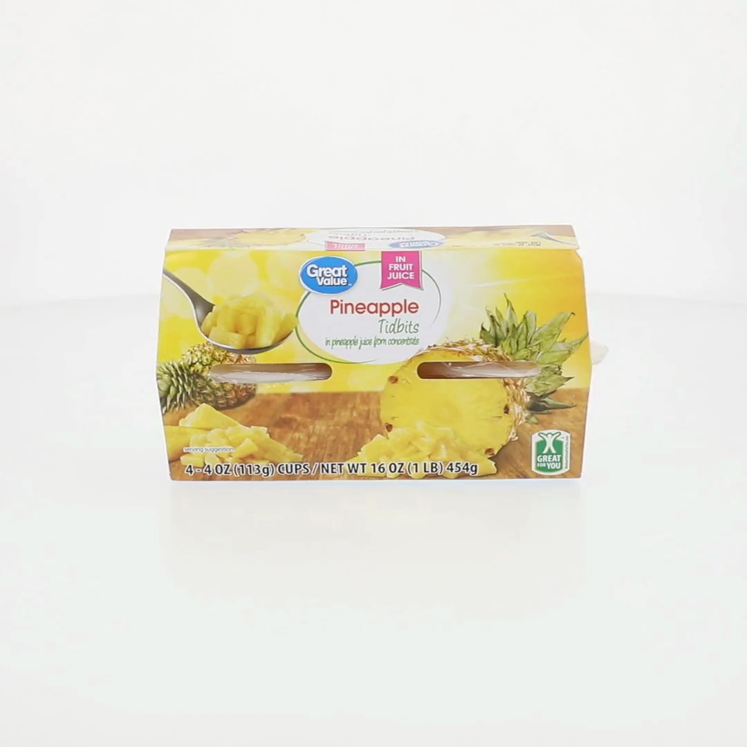 Great Value Pineapple Tidbits, 4 oz Cups, 4 Count, Fruit Snack