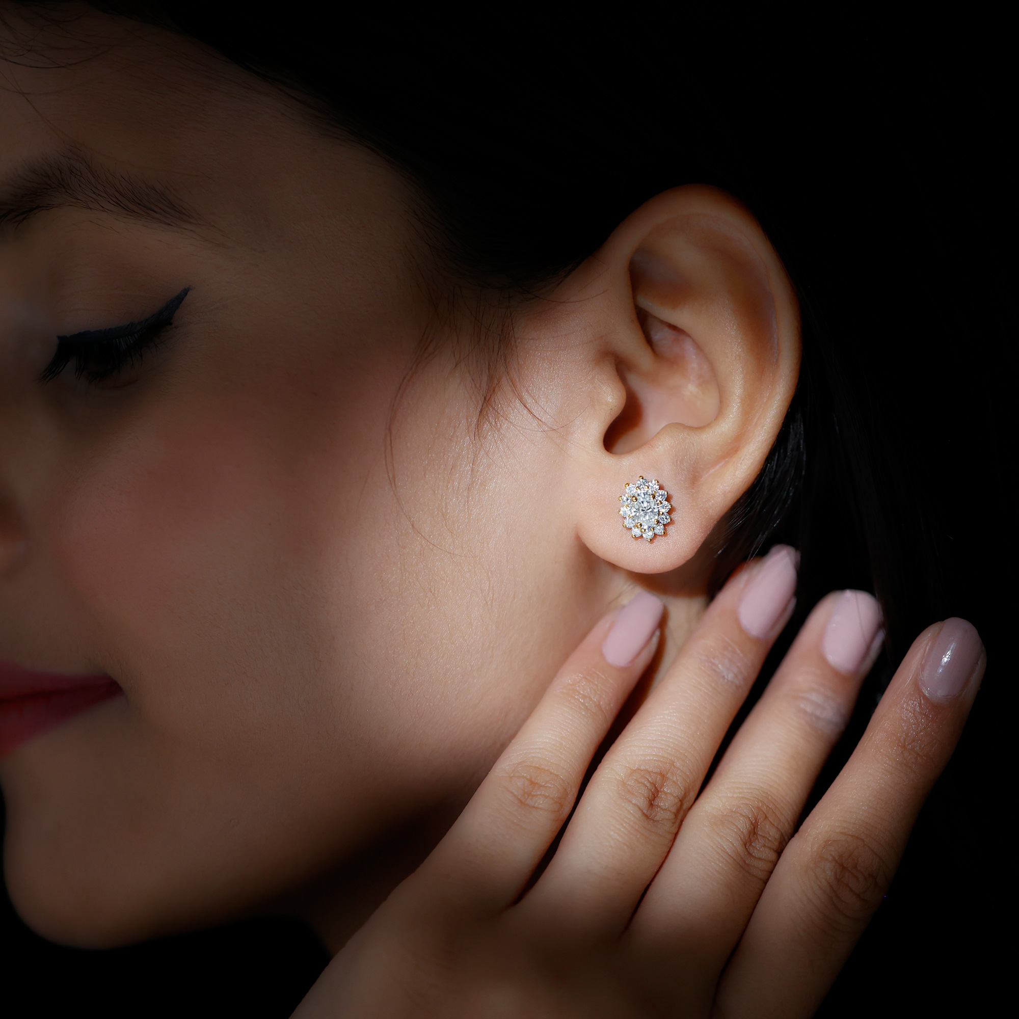 thumbnail video image 2 of Rosec Jewels Oval Moissanite Stud Earrings with Halo, Earrings for Mothers Day (D-VS1 Grade), 10K Yellow Gold, 2 of 9