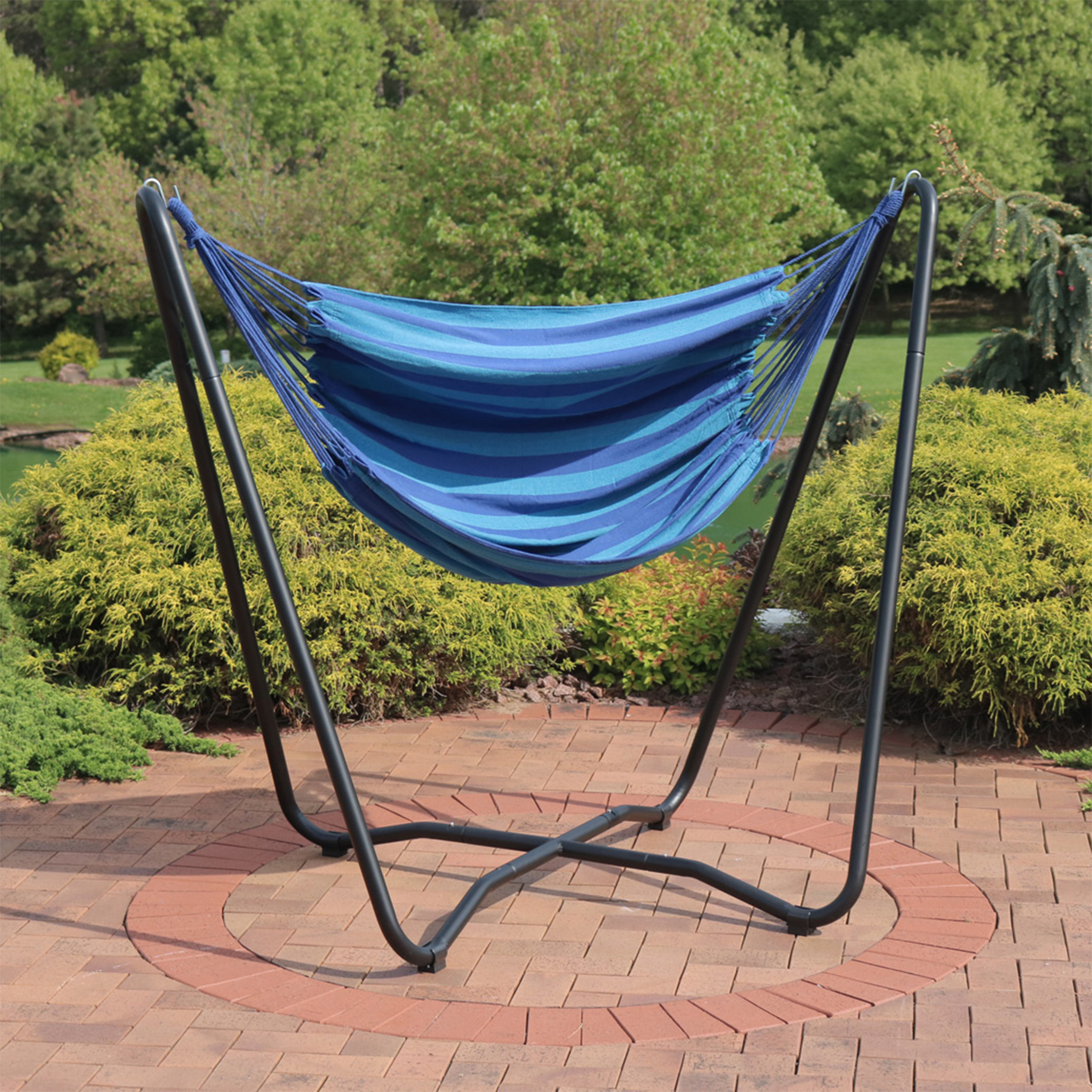 thumbnail video image 2 of Sunnydaze Cotton Hammock Hanging Chair with Stand - Sunset, 2 of 7