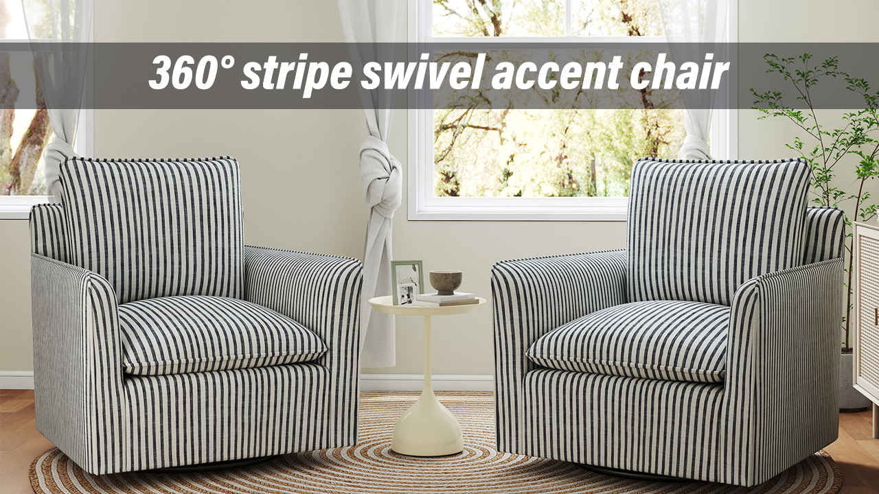 thumbnail video image 2 of Bonzy Home 360° Swivel Chair with Thick Cushion – Blue Stripe Fabric Accent Chair for Living Room, Bedroom, Office – Fully Assembled, 2 of 9