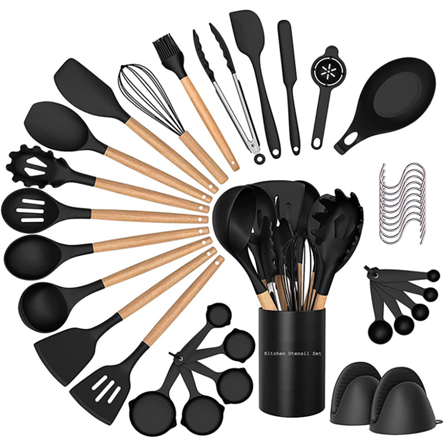 thumbnail video image 2 of 38 Pcs Silicone Cooking Utensils Kitchen Utensil Set - 446°F Heat Resistant,Turner Tongs,Spatula,Spoon,Brush,Whisk. Wooden Handles Kitchen Gadgets Tools Set for Non-Stick Cookware (BPA Free)., 2 of 13