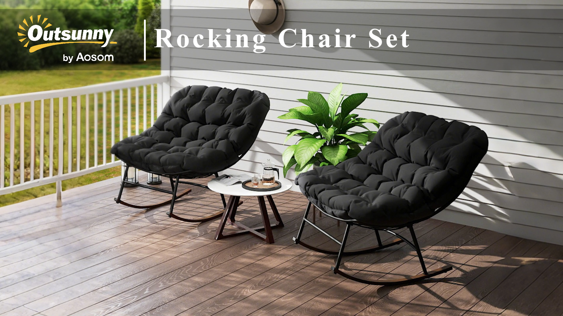 thumbnail video image 2 of Outsunny Outdoor Rocking Chair Set of 2, Oversized Rocking Papasan Chairs with Cushions, Black, 2 of 10
