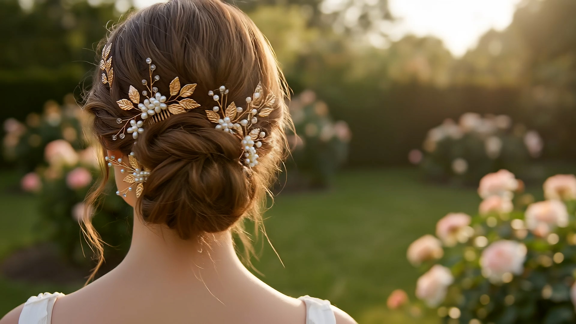 thumbnail video image 2 of MIALLO Elegant Handmade Pearl Flower Headpiece (4 Pack), Golden Leaf Hair Comb & U-Shaped Pins for Brides, Bridesmaids and Wedding Guest, 2 of 7