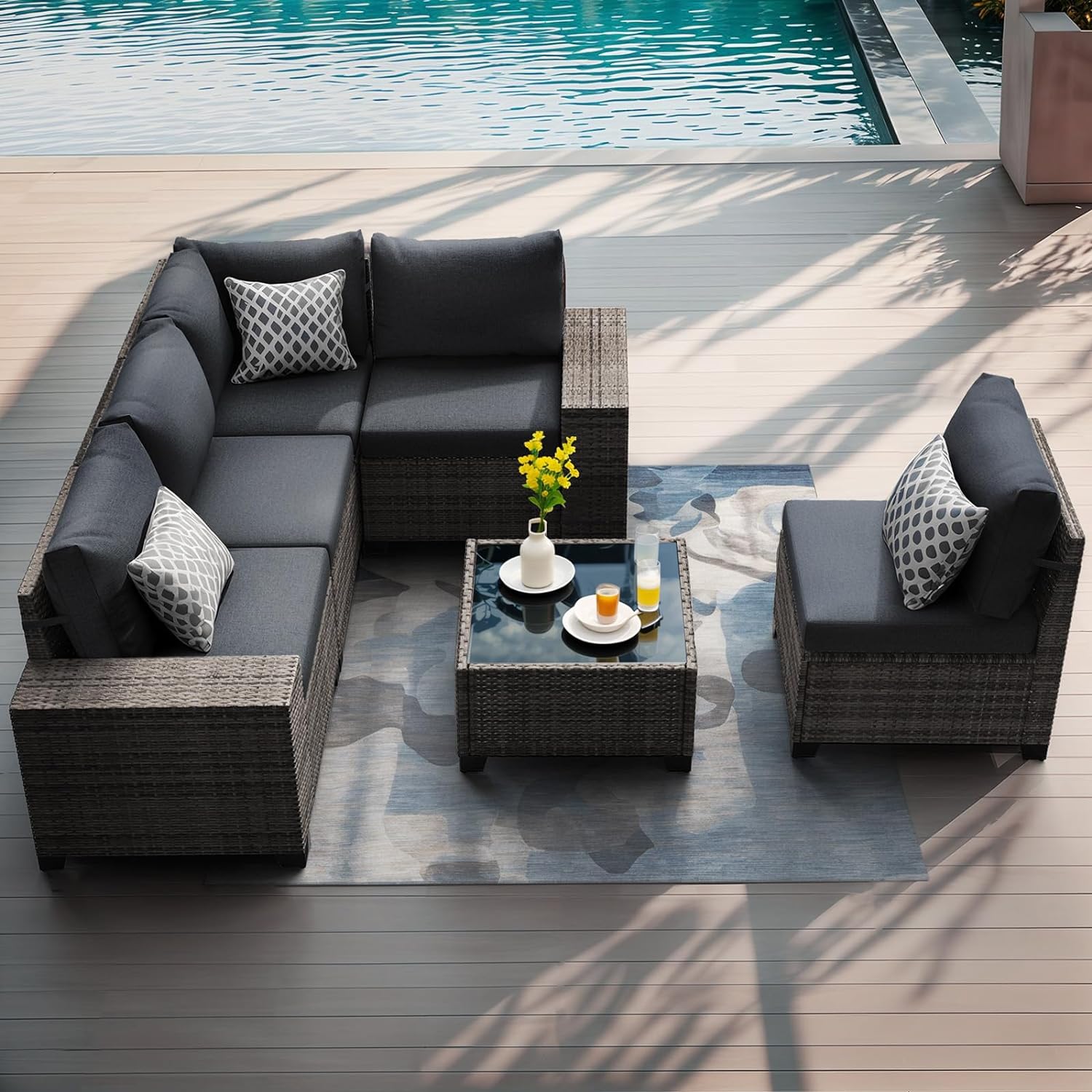 thumbnail video image 2 of JOIVI 6 Pieces Patio Furniture Set with Coffee Table, Outdoor Wicker Rattan Sectional Sofa Conversation Set with Wide Armrest for Deck, Porch, Yard, Black, 2 of 12