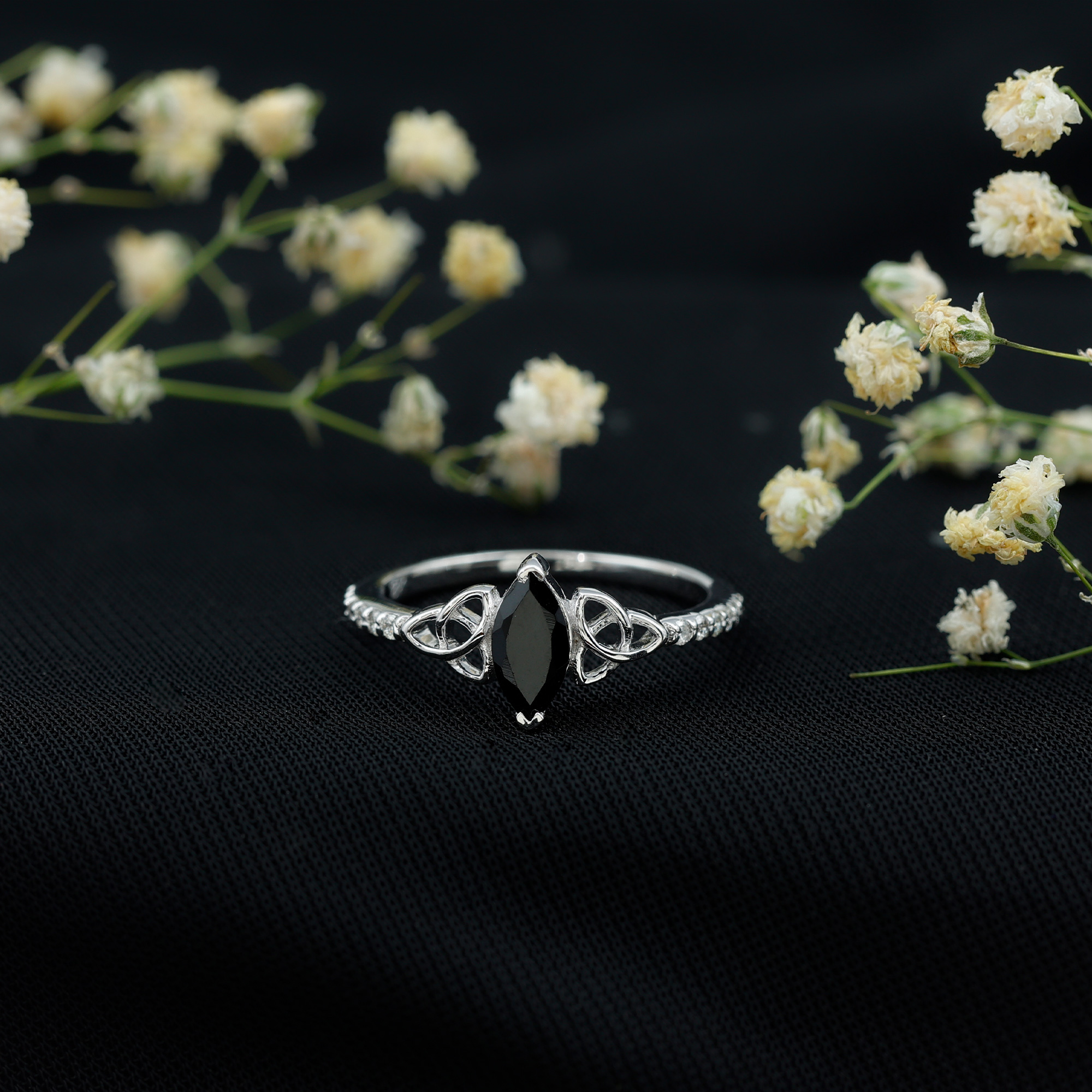 thumbnail video image 2 of Rosec Jewels Lab Grown Black Diamond Marquise Engagement Ring with Celtic Knot - Black and White Diamond Ring - AAAA Grade, 10K White Gold, US 7.00, 2 of 7