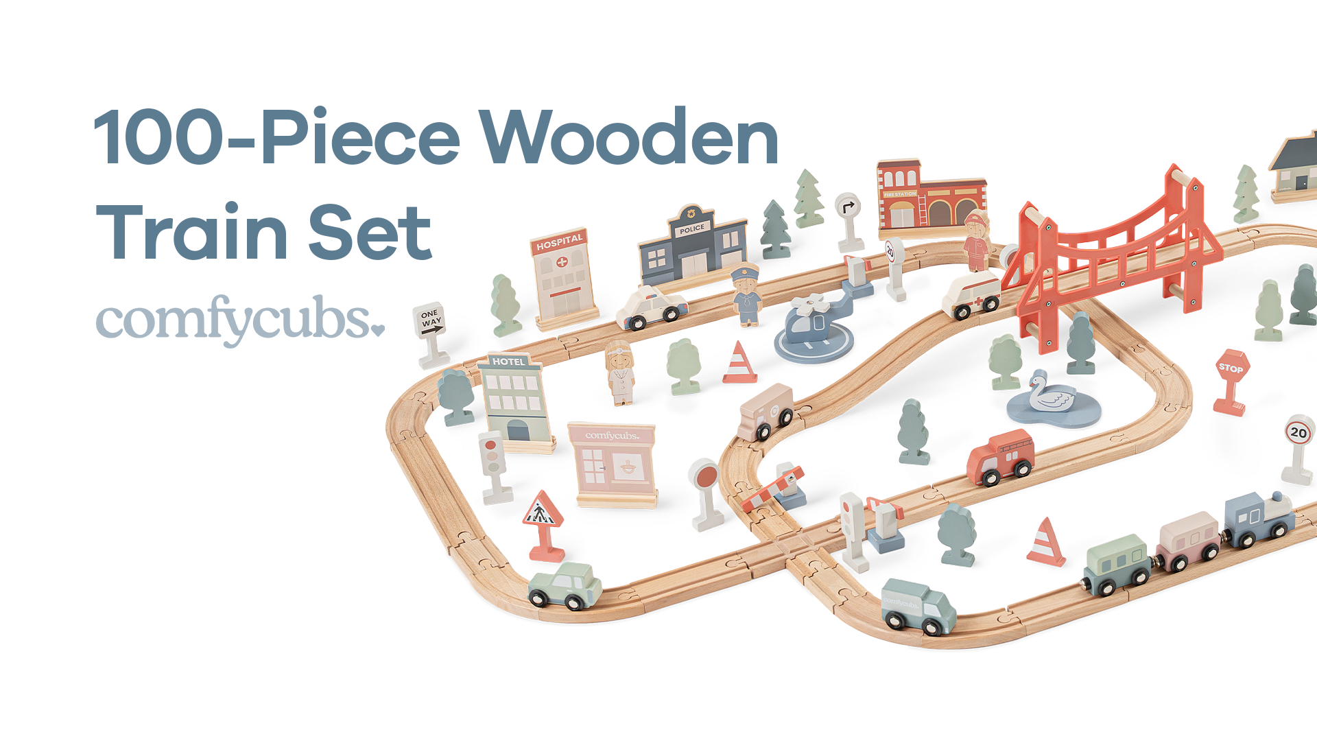 thumbnail video image 2 of Comfy Cubs 100-Piece Wooden Train Set for Ages 1+, Toddler Train Set with Wooden Toy Tracks Toy Town, 2 of 9