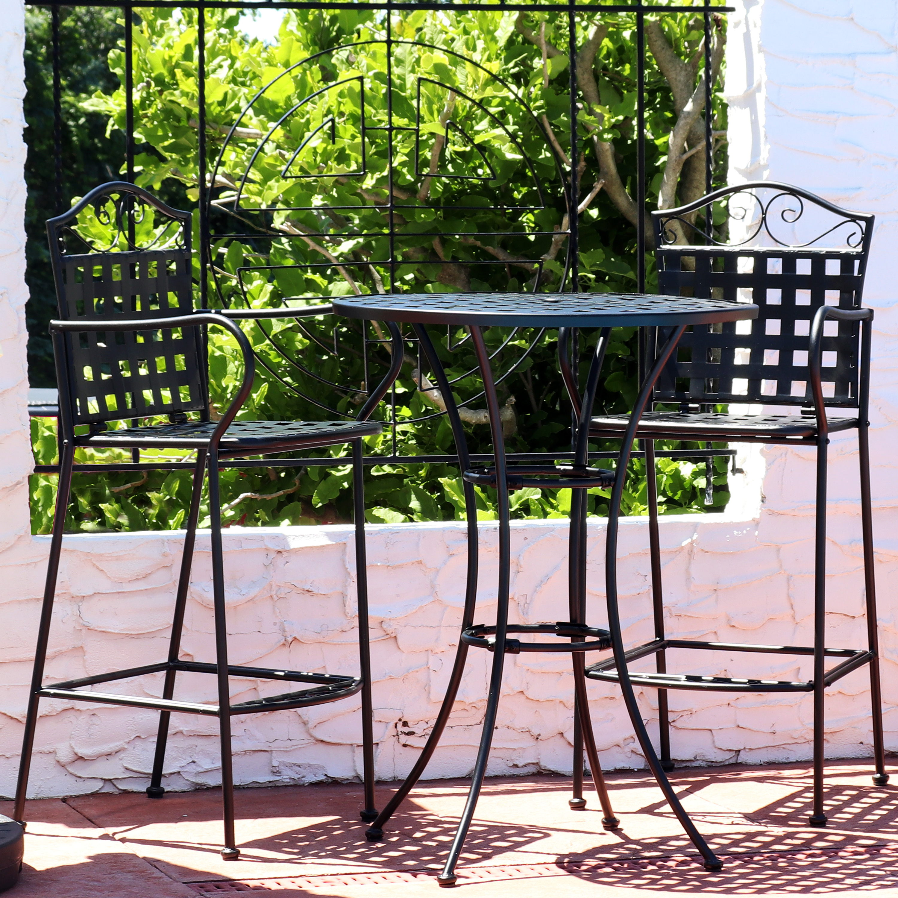thumbnail video image 2 of Sunnydaze 3-Piece Wrought Iron Patio Bar Set with Bar Table and Chairs, Black, 2 of 7