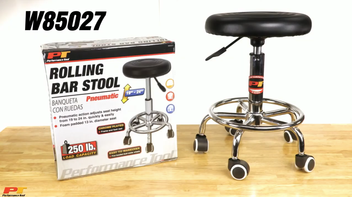 thumbnail video image 2 of Performance Tool W85027 19 in. to 24 in. Pneumatic Adjustable Rolling Bar Stool, 250 Lbs. Capacity, Black, 2 of 12