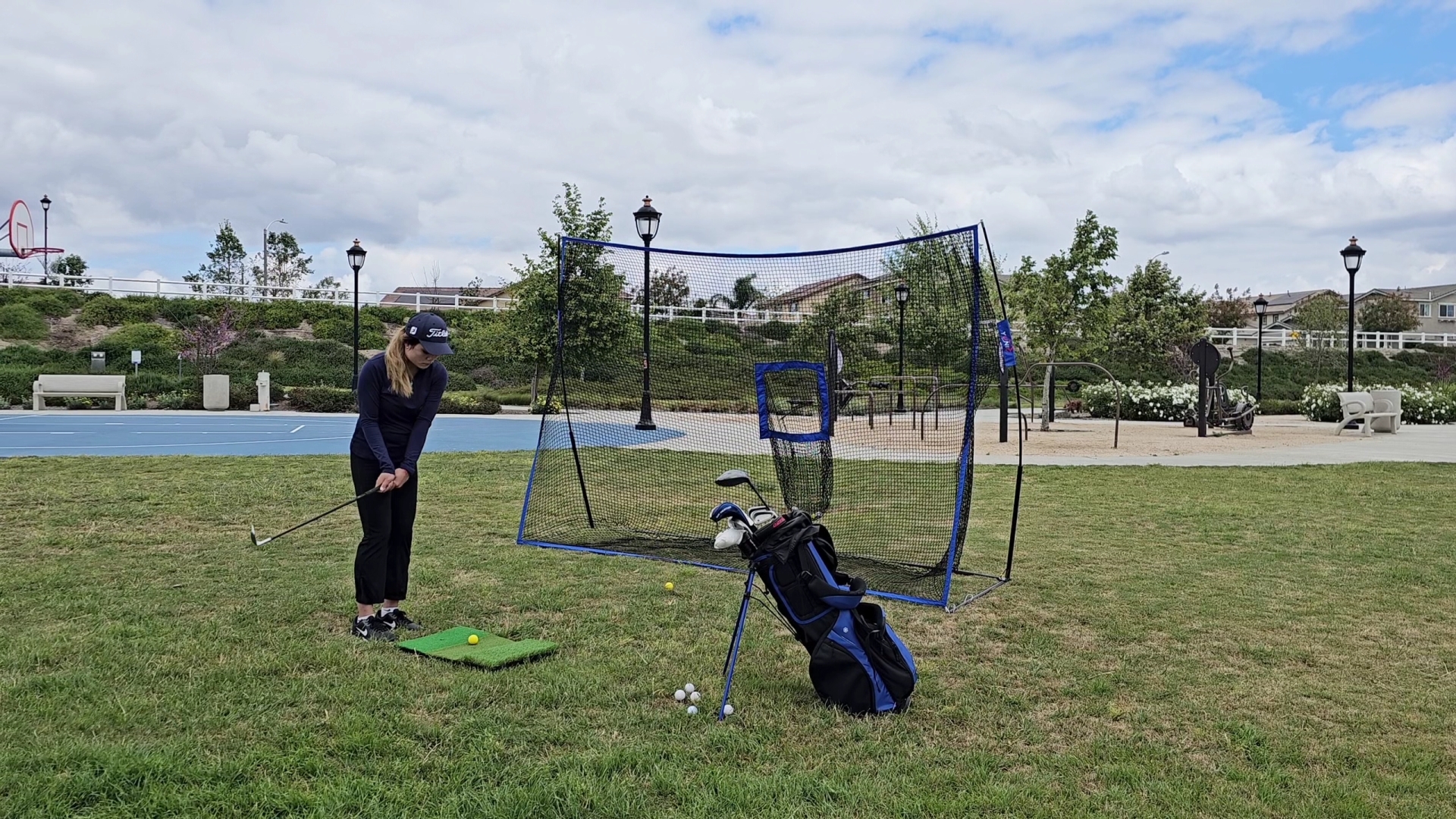 thumbnail video image 2 of YUNIC Golf Net, 10 ft x 7 ft Golf Practice Net With Tri-Turf Mat and Target Chipping Pocket for Backyard Driving Chipping Swing Training, Indoor & Outdoor Portable Golf Training Aid Net, 2 of 8