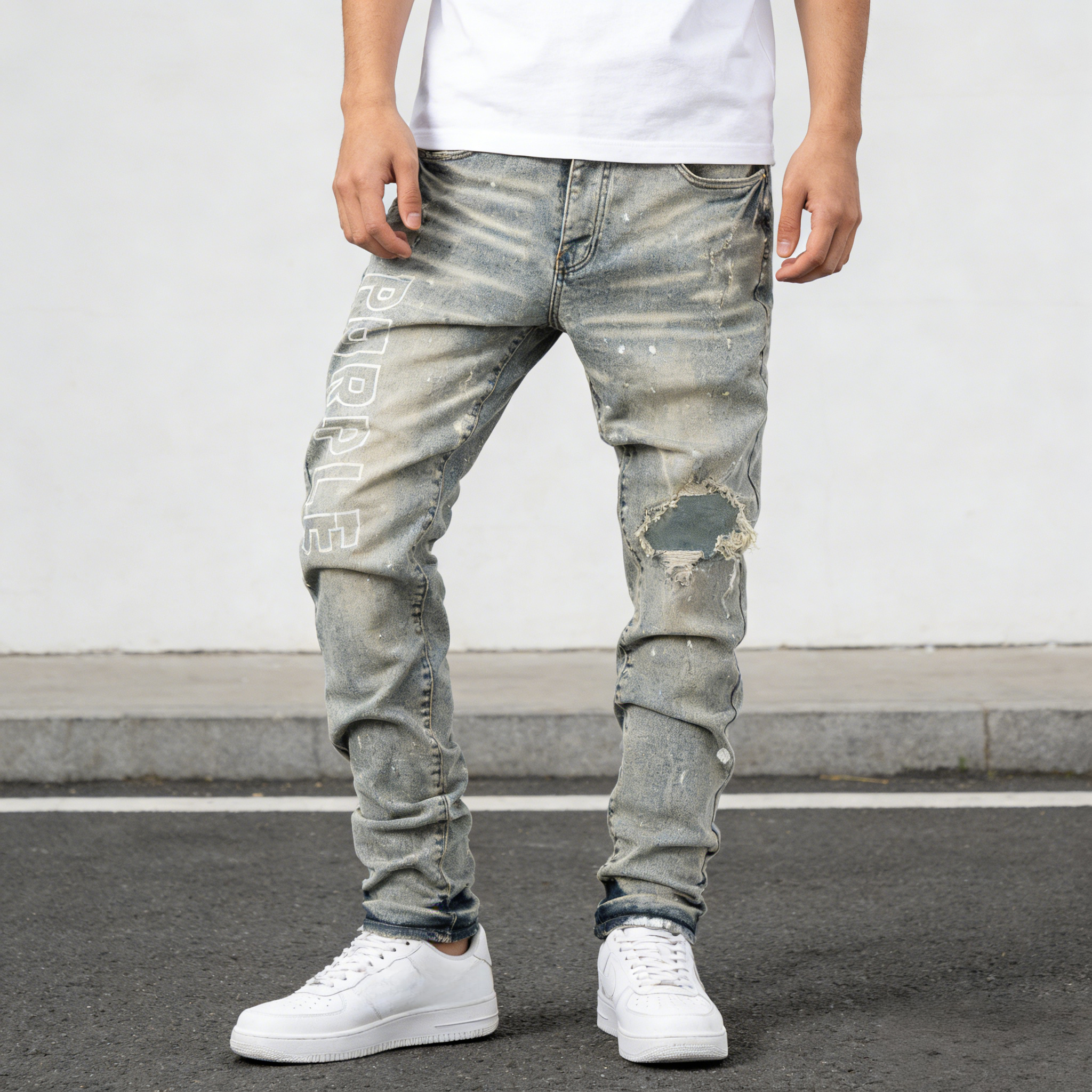 thumbnail video image 2 of 2026 New Men's Light Wash Graphic Distressed Skinny Stretch Jeans: Flexible Durable Denim | Standard (30-40) & Big & Tall (1XL-6XL) Sizing, 2 of 9