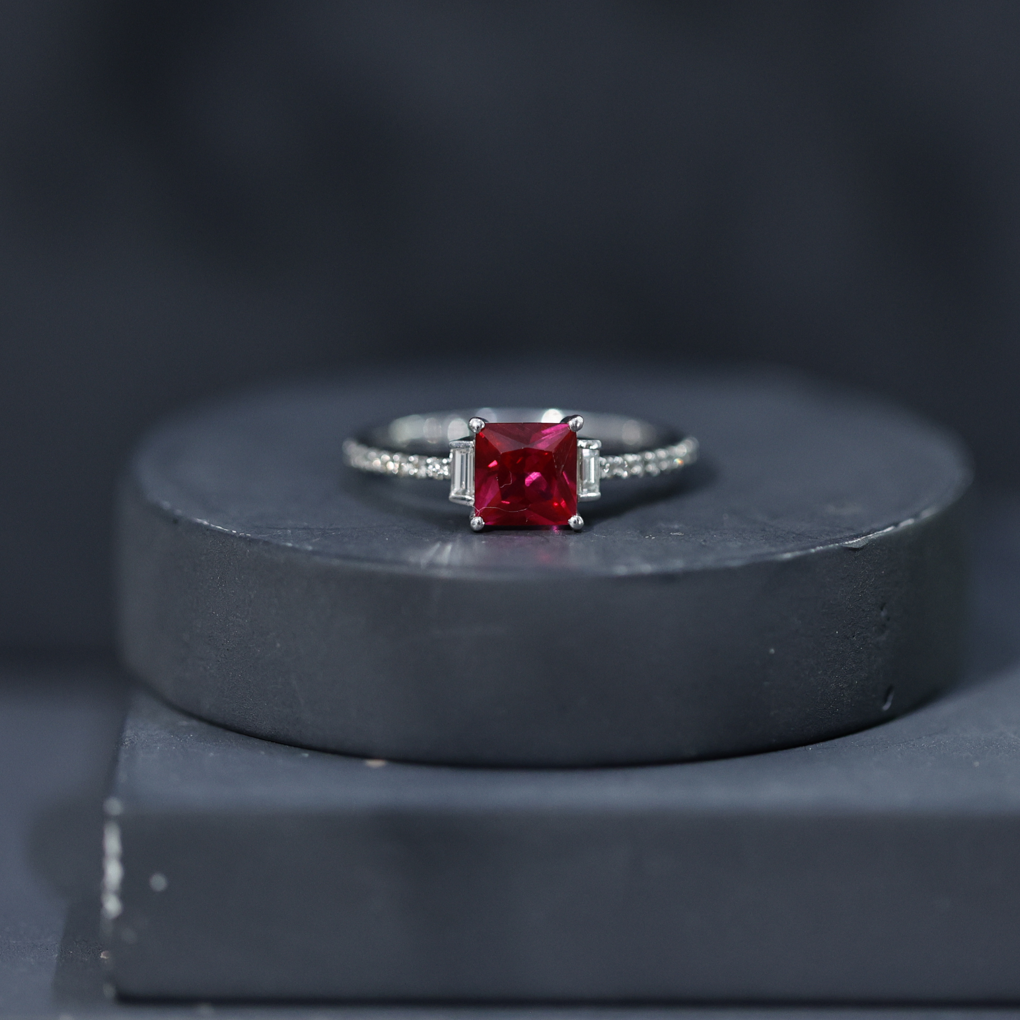 thumbnail video image 2 of Rosec Jewels 2 CT Claw Set Princess Cut Created Ruby Solitaire Ring with Diamond Side Stones, 18K Yellow Gold, US 5.50, 2 of 9