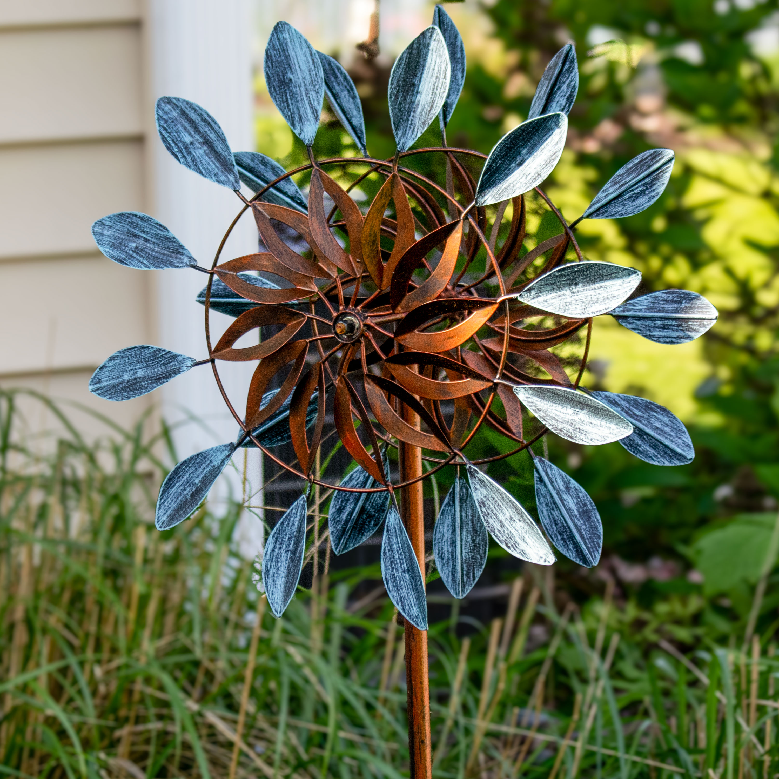 thumbnail video image 2 of Sunnydaze Whirling Petals 48" Blue and Brown Solid Iron Wind Spinner, 2 of 7