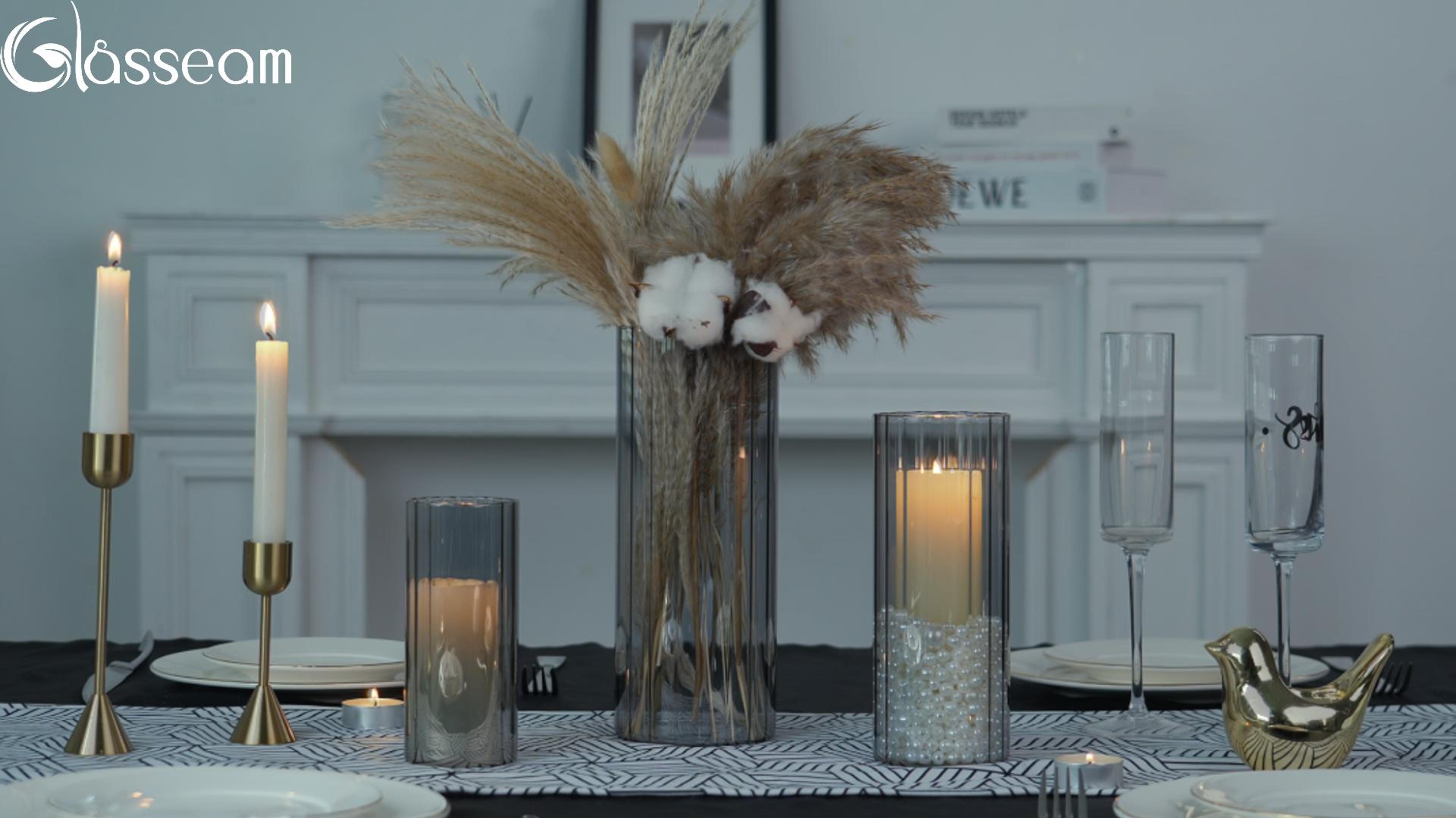 thumbnail video image 2 of Glasseam Set of 3 Ribbed Glass Hurricane Candle Holders: Elegant Cylinder Vases for Pillar and Floating Candles, Modern Home Decor for Living Room and Events, 2 of 9