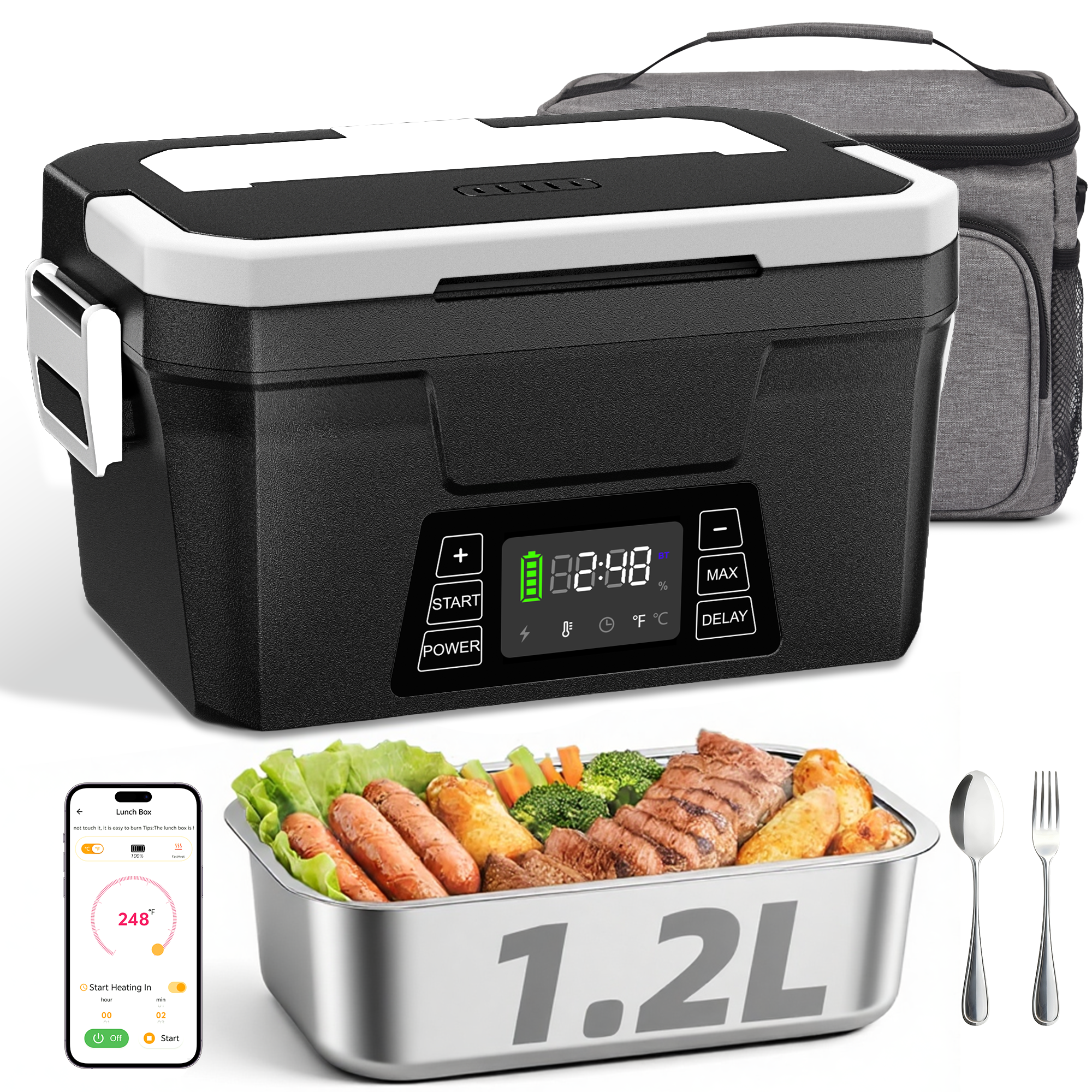 thumbnail video image 2 of Cordless Electric Lunch Box with APP Control by Wisakey - 1.2L, Heated Lunch Box, Battery Powered & Auto-Scheduled Heating for Office, Car & Outdoor, 2 of 10