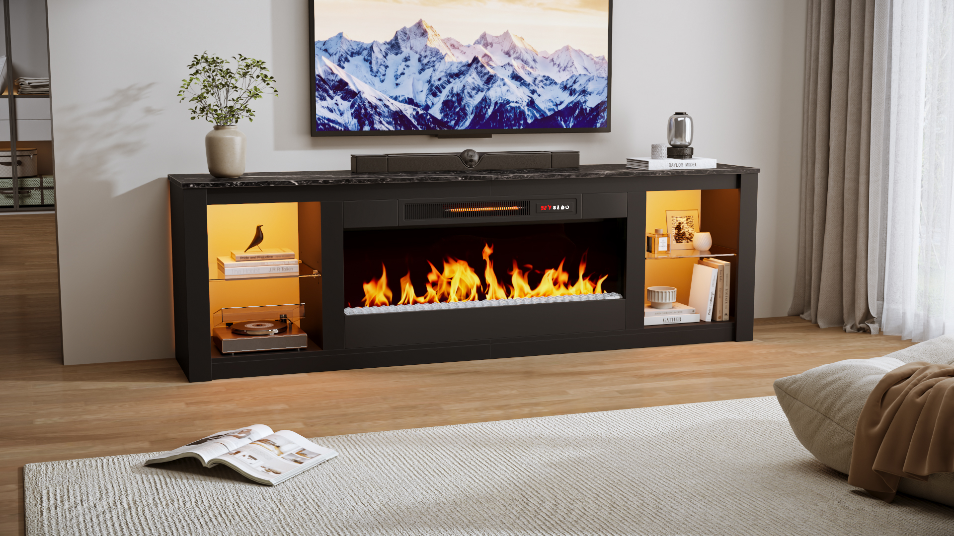 thumbnail video image 2 of Bestier 70" Fireplace TV Stand for TVs up to 75", Modern Entertainment Center with 36" Electric Fireplace, TV Console with LED Lights and Adjustable Shelves for Living Room, Rustic Brown, 2 of 11