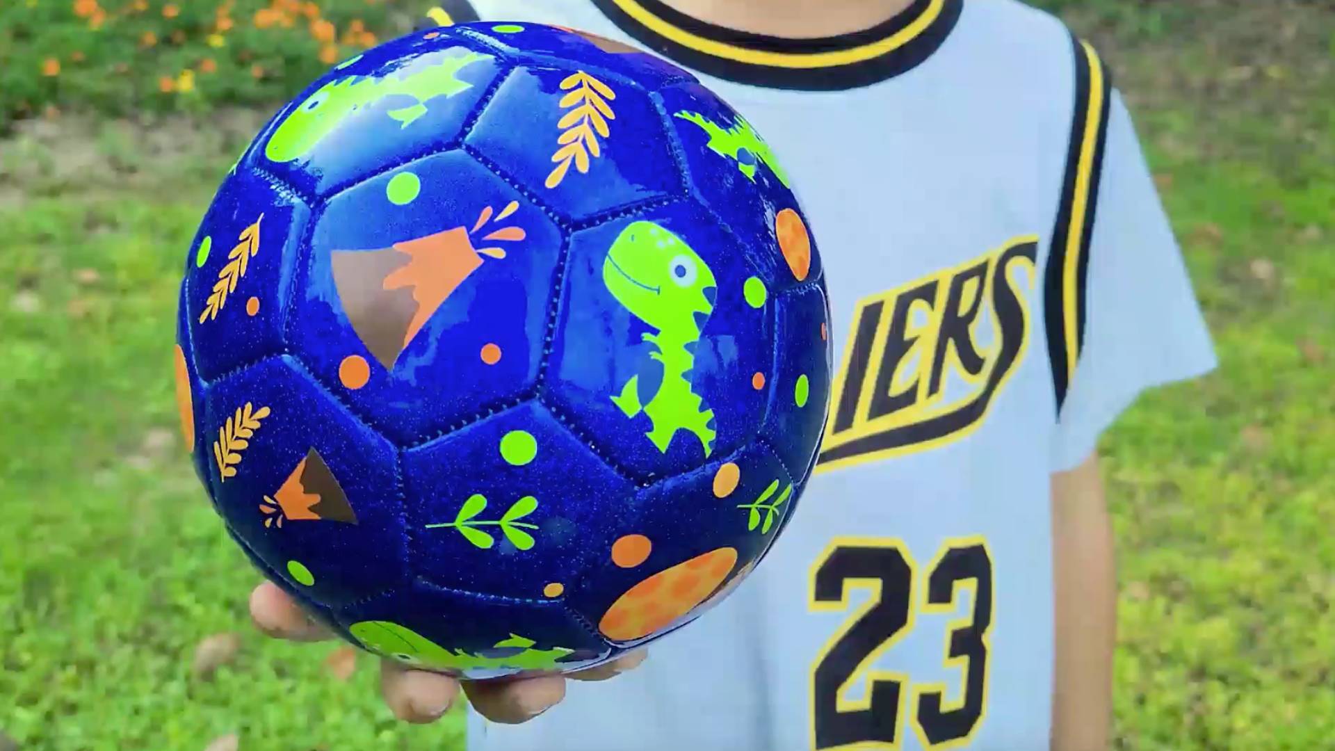 thumbnail video image 2 of PLAYZAP Toddler Soccer Ball, Size 3 Soccer Ball with Pump, Cartoon Dinosaur Blue Soccer Ball for Kids 2-8, Baby Small Ball for Toddler, Indoor Outdoor Play Toys Gifts for Girls Boys, 2 of 10