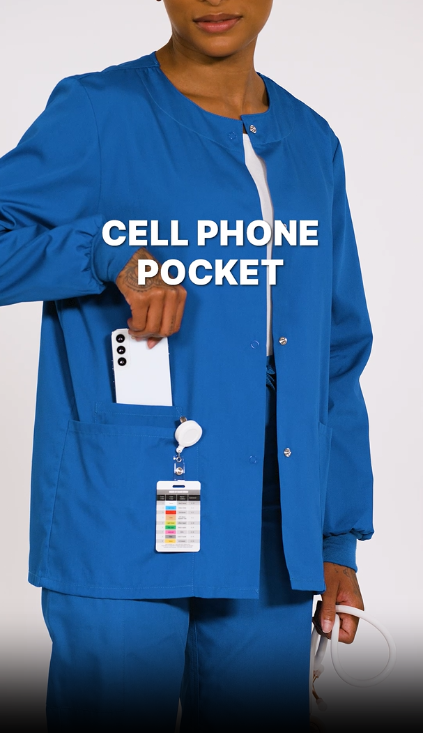 thumbnail video image 2 of Cherokee Workwear Prints Women's Scrubs Jacket Snap Front Warm Up 4350, 2 of 7