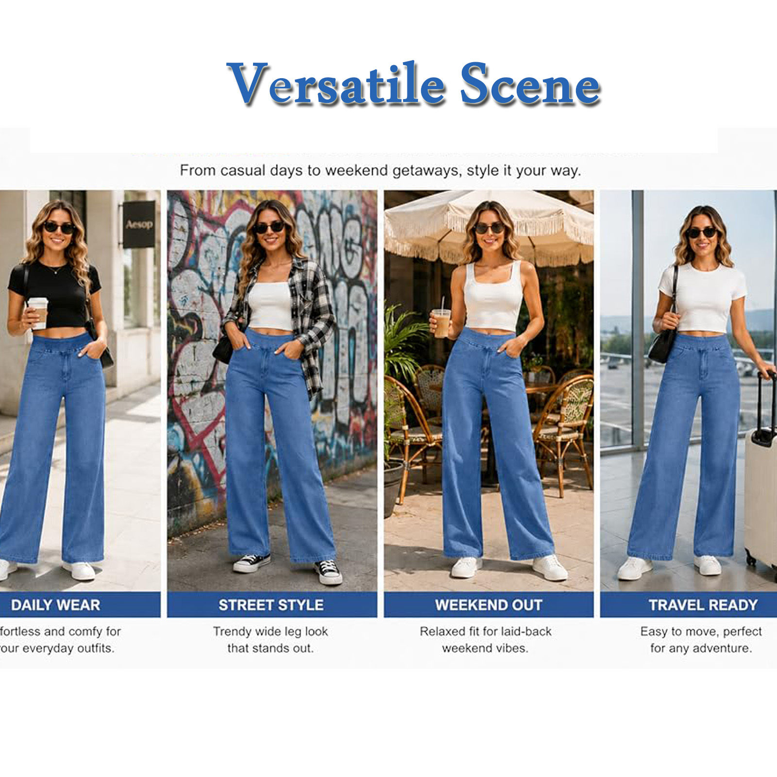 thumbnail video image 2 of Wide Leg Jeans for Women Elastic High Waisted Denim Pants Straight Leg Slimming Stretch Jeans Casual Baggy Fashion Pull on Trousers, 2 of 10