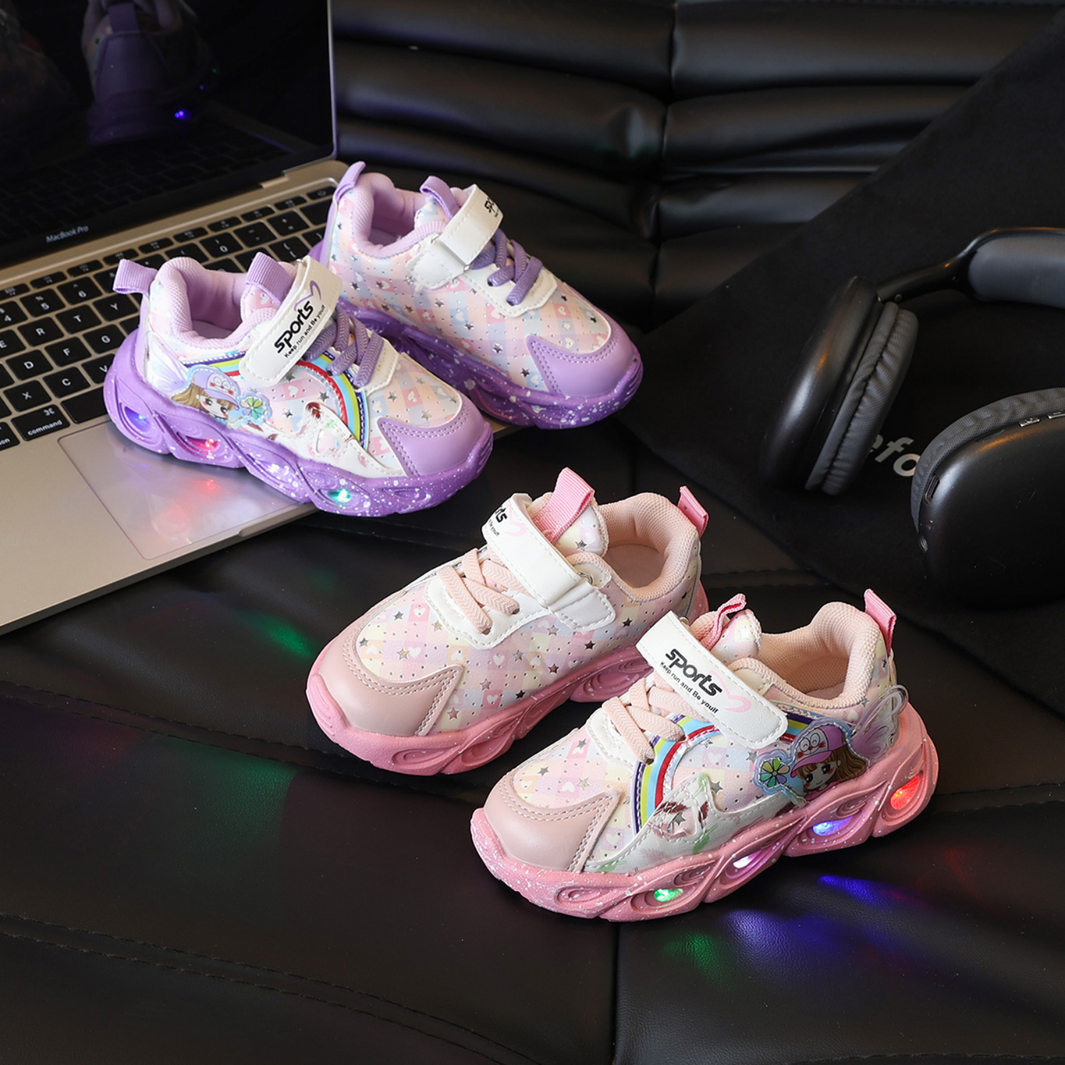 thumbnail video image 2 of Girls Light Up LED Sneakers, Cute Cartoon Rainbow Design PU Leather Soft Sole Casual Shoes for Daily School Outdoor Wear, 2 of 10