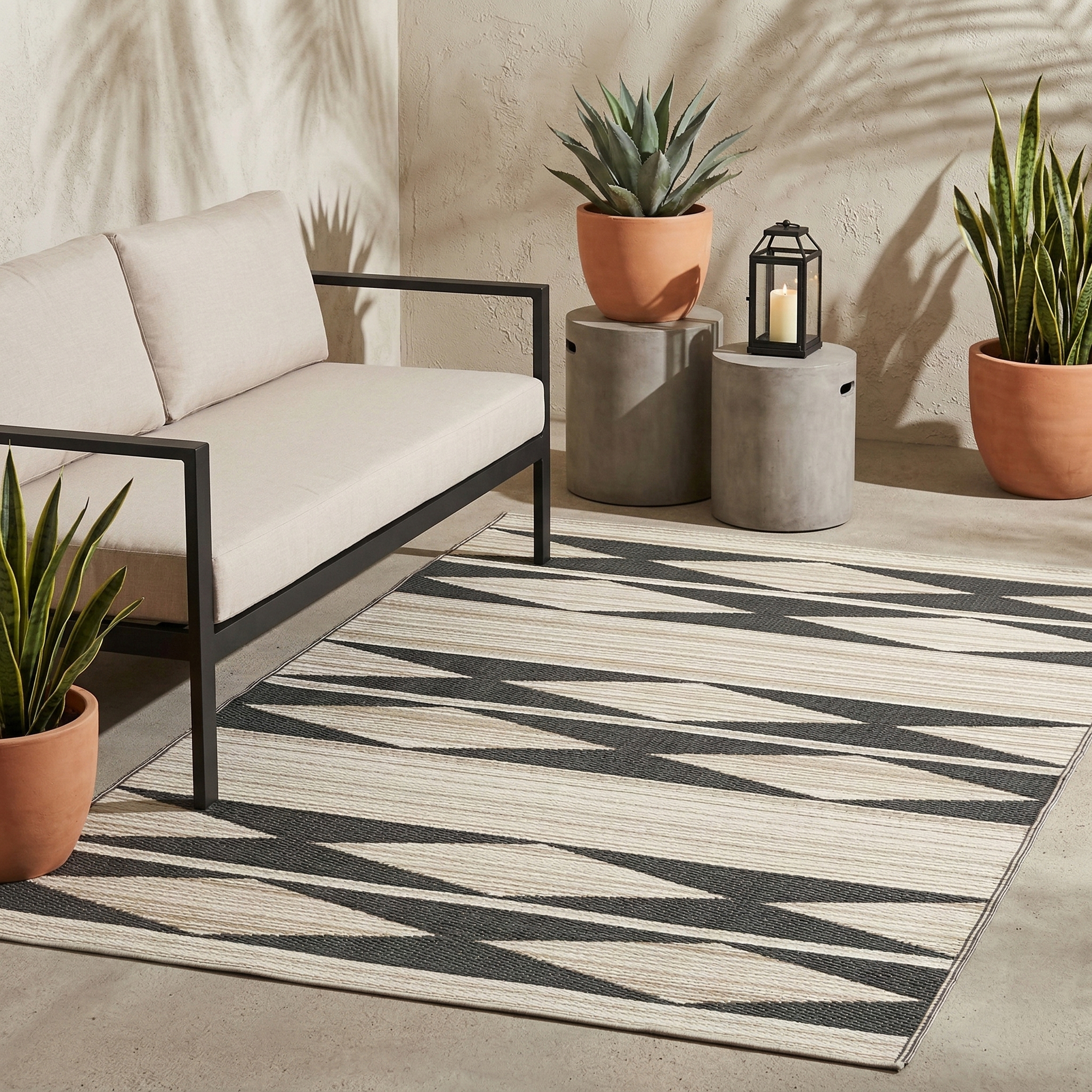 thumbnail video image 2 of Fab Habitat Geometric Neutral Tribal Outdoor Rug - Waterproof, Fade Resistant, Crease-Free, Reversible - Premium Recycled Plastic - Patio Porch Balcony Deck - Cairo NaturalBlack - 8x10 ft, 2 of 9