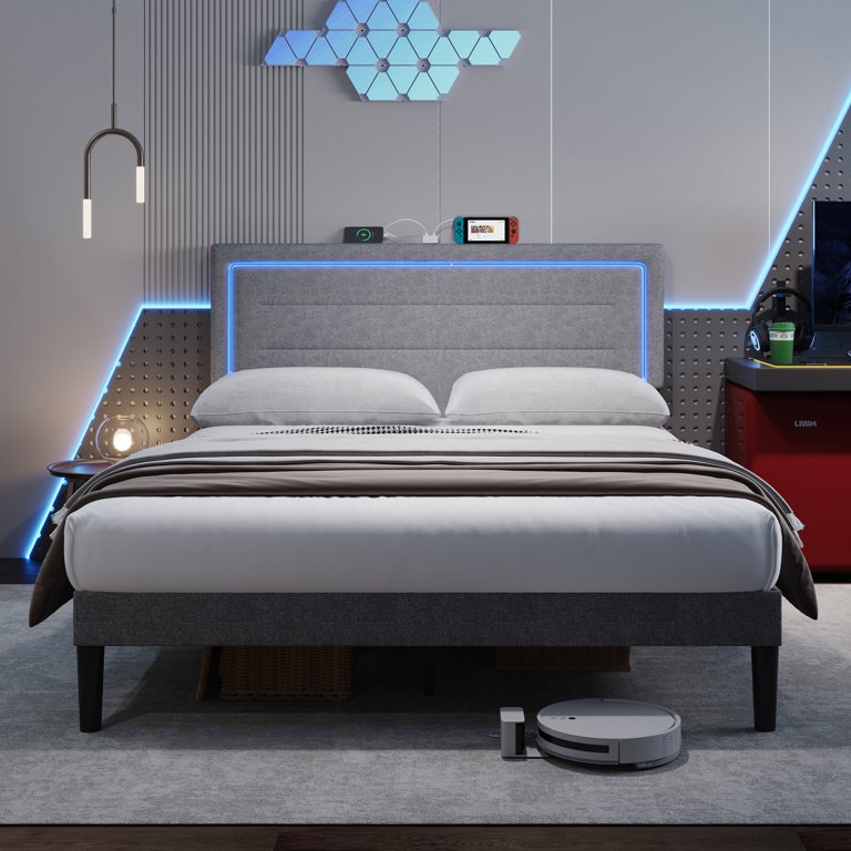 Sailvan Upholstered Queen Bed Frame with LED Lights and USB Charging Station,Grey Bed Frame Queen Size with Headboard,No Box Spring Needed,Modern Sturdy Bed,Noise Free