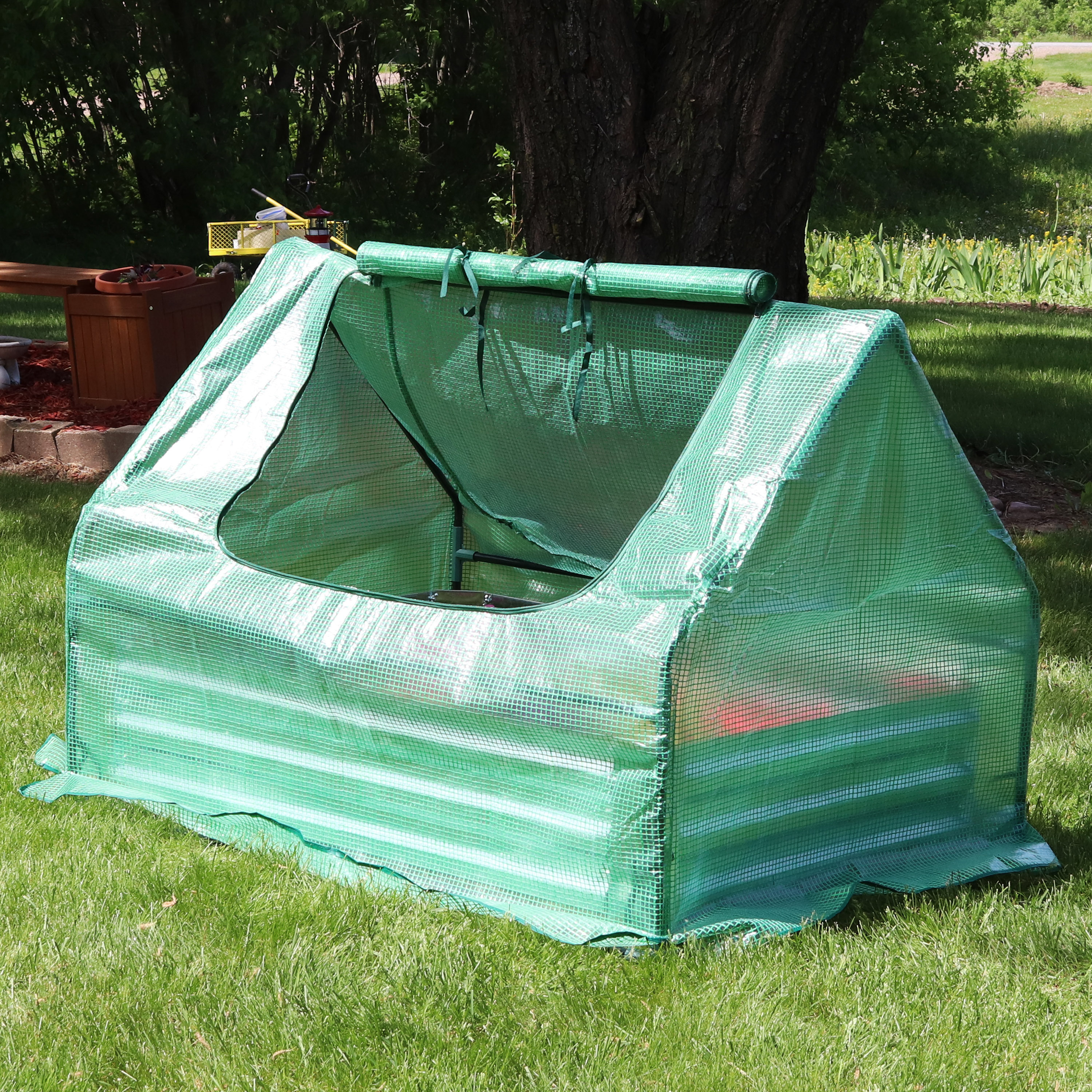thumbnail video image 2 of Sunnydaze 4' x 3' x 3' Outdoor Mini Greenhouse with Metal Raised Garden Bed, Green, 2 of 11
