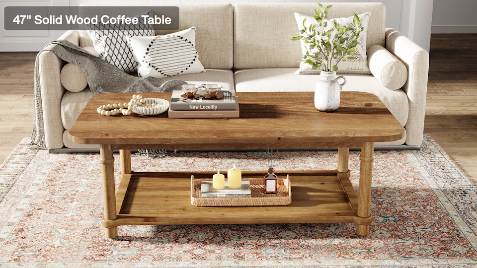 thumbnail video image 2 of Finmind 47" Solid Wood Coffee Table, Rectangle Center Table with 2-Tier Storage, for Living Room, Brown, 2 of 10