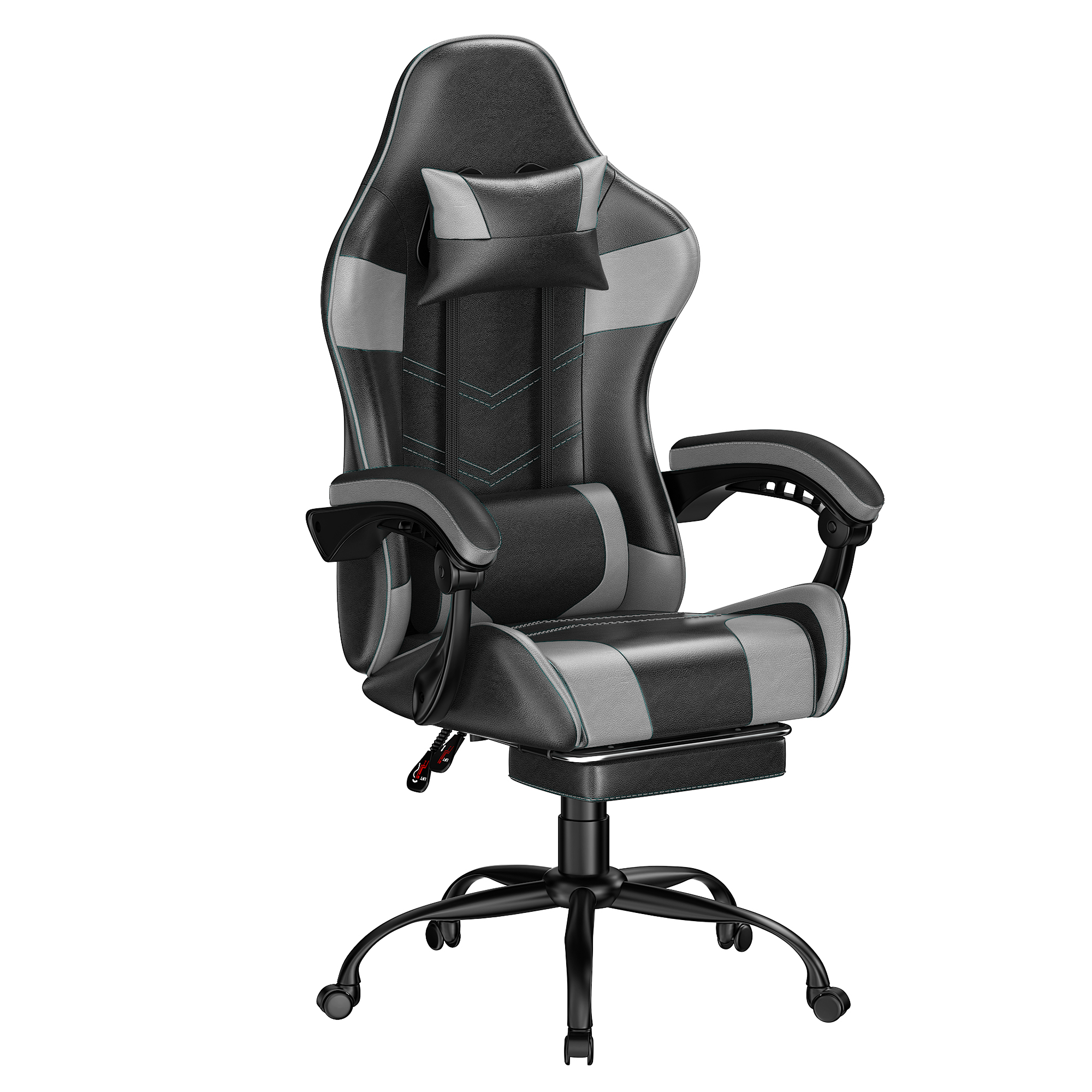 thumbnail video image 2 of Frovlni Ergonomic Gaming Chair with Footrest for Adults, Height Adjustable High Back Reclining PU Leather Office Chair with Headrest and Lumbar Support, Black & Gray, 2 of 10