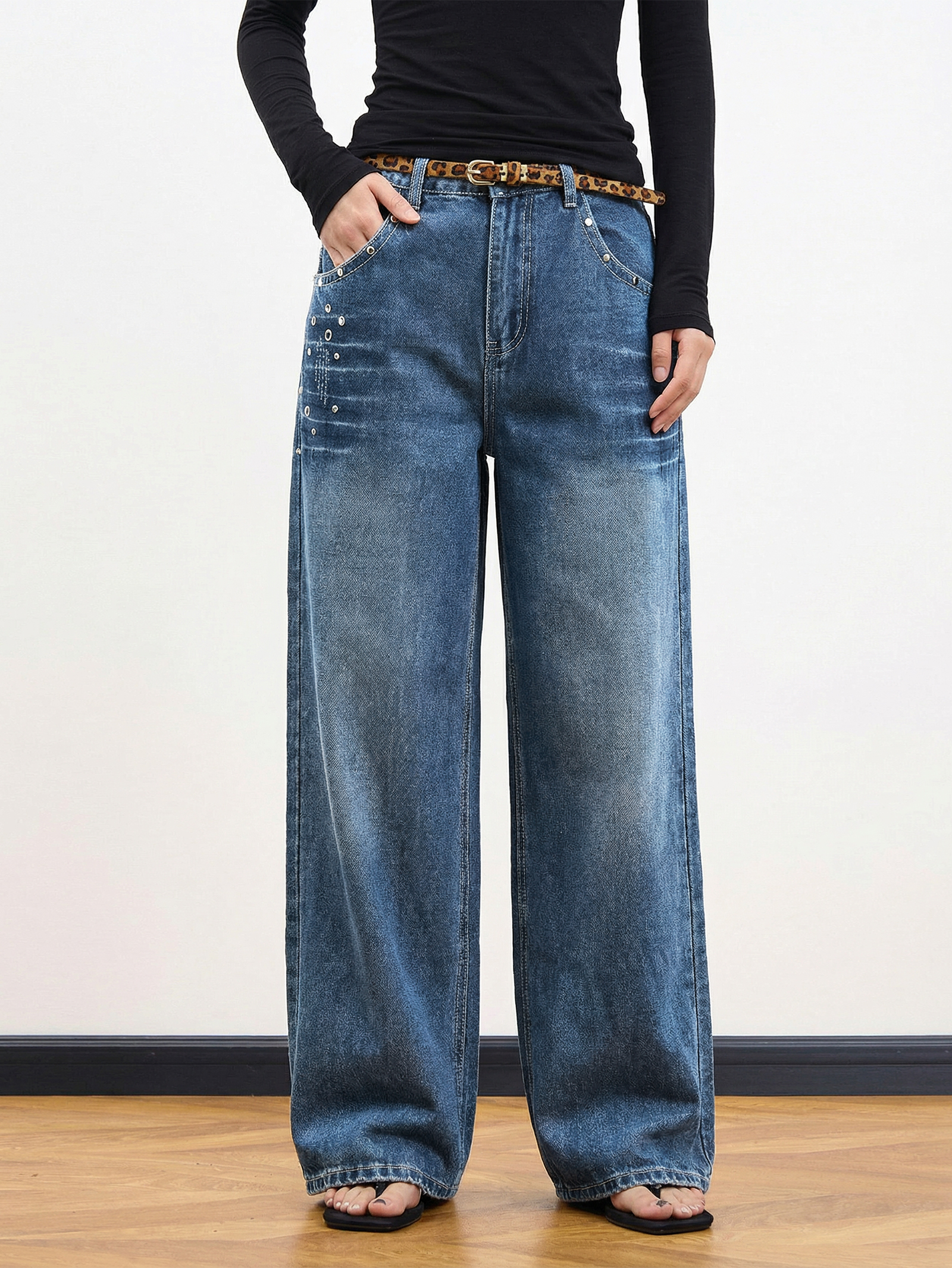 thumbnail video image 2 of EMMIOLNEW Women's Mid-High Waist Y2K Baggy Wide Leg Jeans Vintage Washed Denim Pants with Rivet Detail & Pockets 2026 Trendy Streetwear, 2 of 7