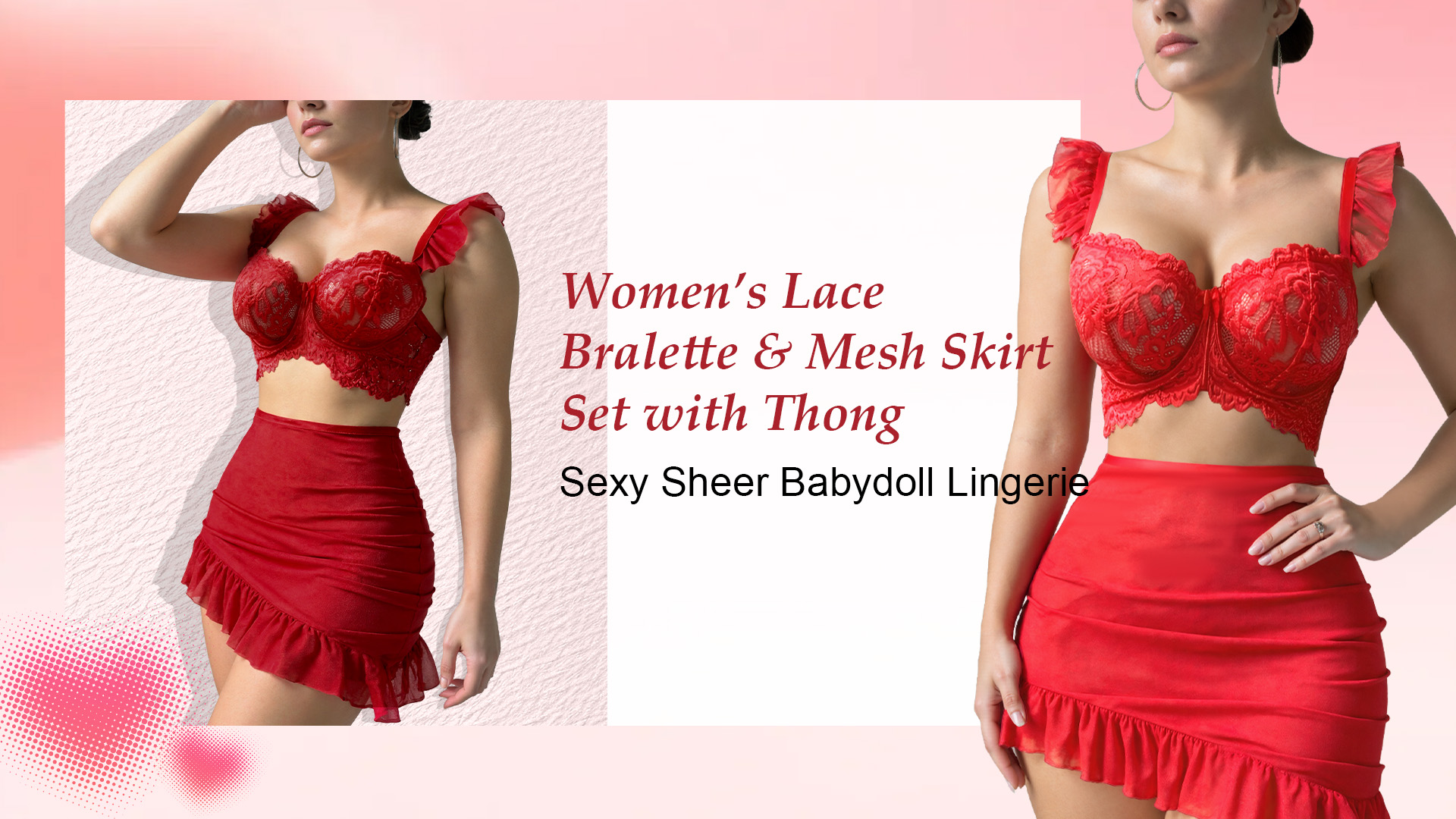 thumbnail video image 2 of Ausing Lingerie Set for Women 3Pcs Bra and Panty with Mini Skirt Contrast Lace Mesh Ruffle Hem Chemise Sleepwear Date Night Outfits Black 2XL, 2 of 7