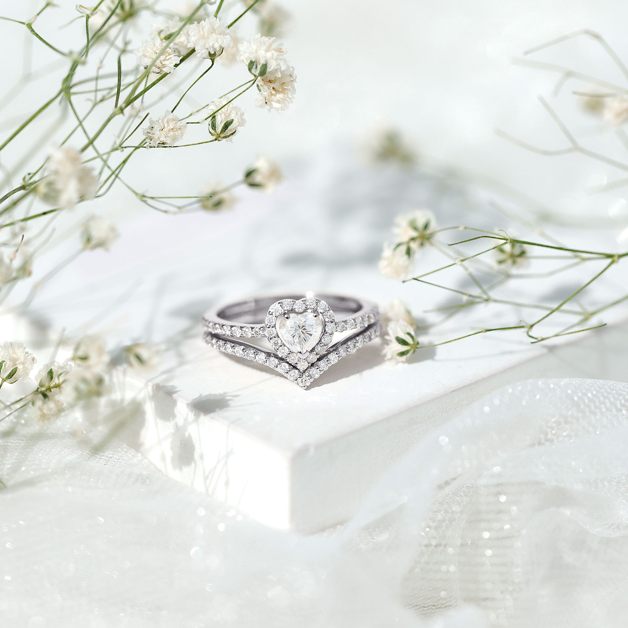 thumbnail video image 2 of Rosec Jewels Heart Shaped Wedding Ring Set in Silver - D-VS1 Grade Certified Moissanite Ring Set with Band - with Jewelry Box, US 7.00, 2 of 9