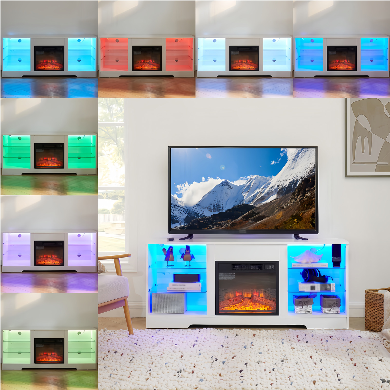 thumbnail video image 2 of Vacmaster 58''TV Stand Electric Fireplace TV Stand with Glass Shelves, 3D Fireplace TV Stand with LED Lights Wood with USB Charging Outlet Modern Television Table Center for TV up to 32-62" Brow, 2 of 9