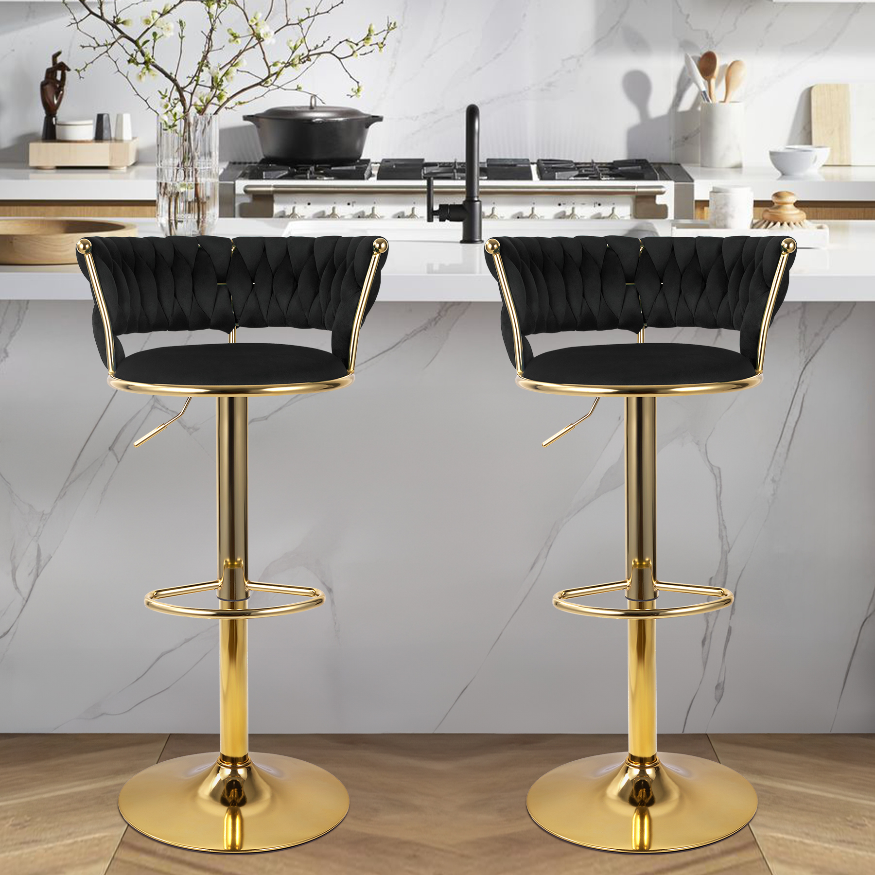 thumbnail video image 2 of Hawsaiy Modern Velvet Bar Stool Set of 2 with Woven Back and Footrest for Kitchen, Bar, and Dining Spaces,Light Gray, 2 of 9