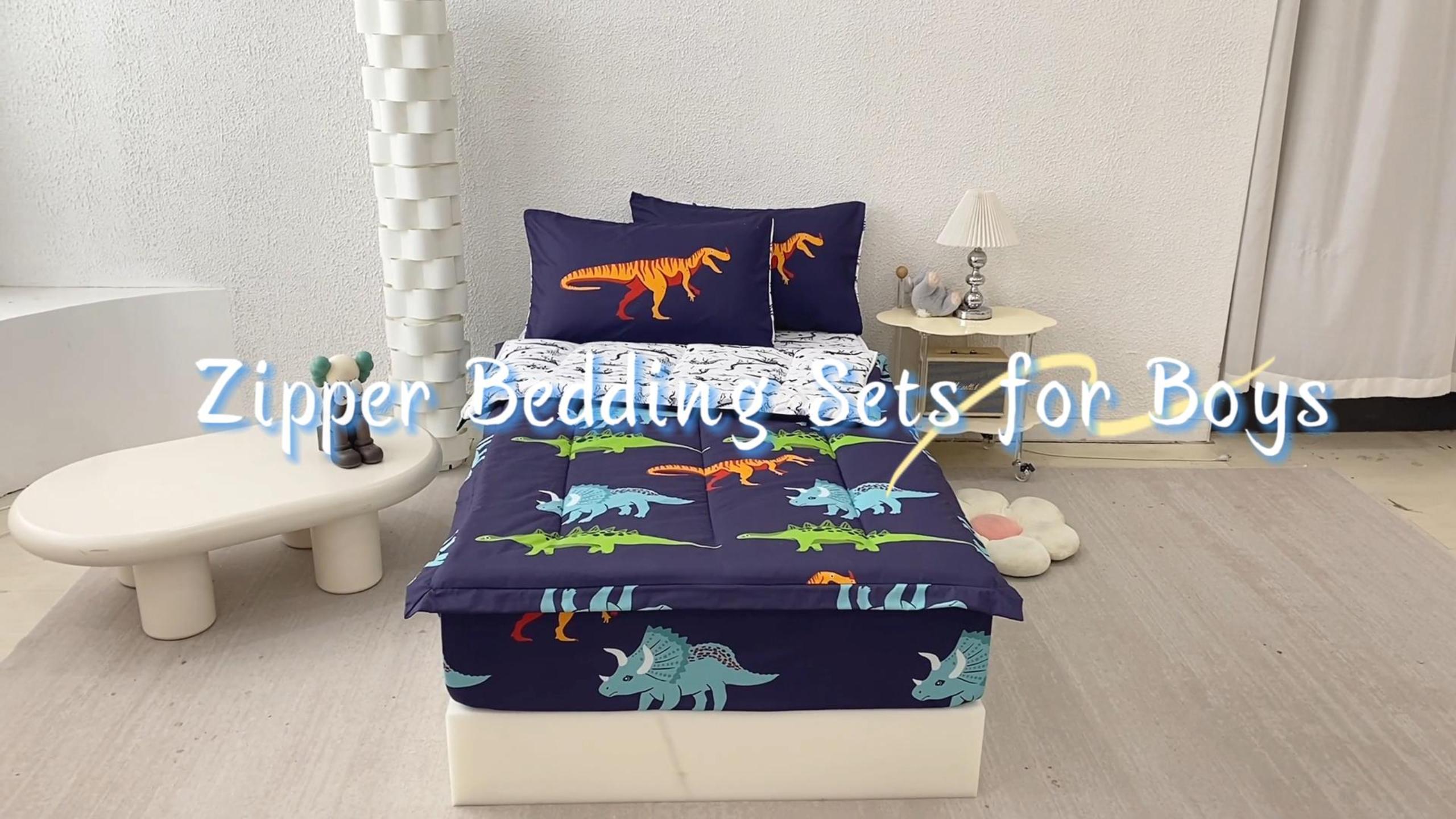 thumbnail video image 2 of ZRNBAST 3 Pieces Dinosaur Zipper Comforter Sets, Twin Size Bedding Set for Kids Boys, Soft Cartoon Dinosaurs Print Zip Up Bed Set with Fitted Sheet and Pillowcases(Dark Blue,Twin), 2 of 10