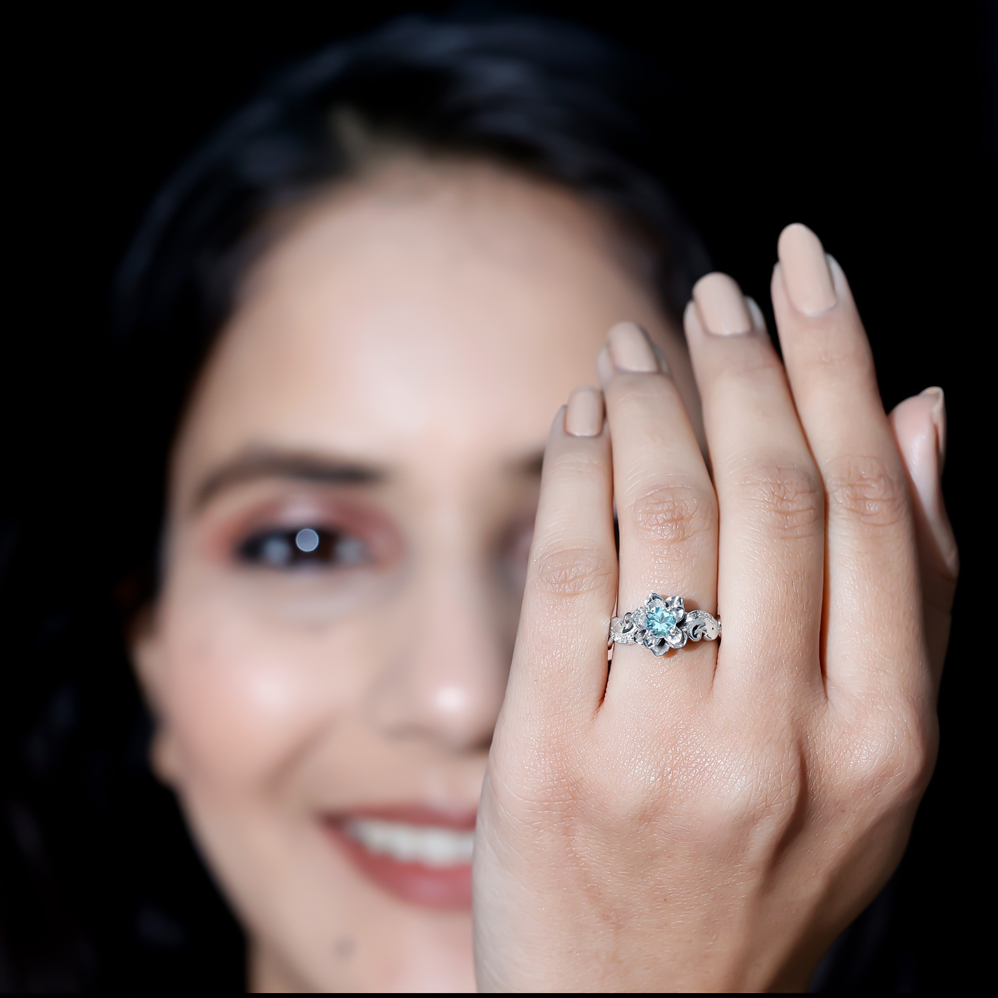 thumbnail video image 2 of Rosec Jewels Aquamarine Flower Engagement Ring for Women - Natural Aquamarine Diamond Ring - AAA Grade - with Jewelry Box, 10K Yellow Gold, US 7.00, 2 of 9