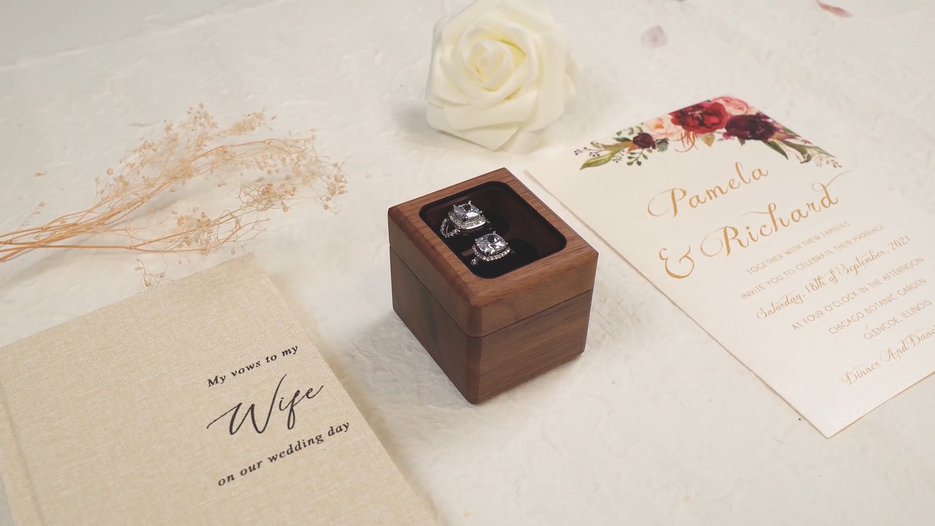 thumbnail video image 2 of Wood 3 Slot Ring Box (Glass Lid) - Wedding Ceremony Ring Bearer Box Walnut Wood with Clear Transparent Lid, Proposal Engagement Ring Storage for 3 Rings, Unique Gift for Her, 2.25 x 2 x 2, 2 of 6