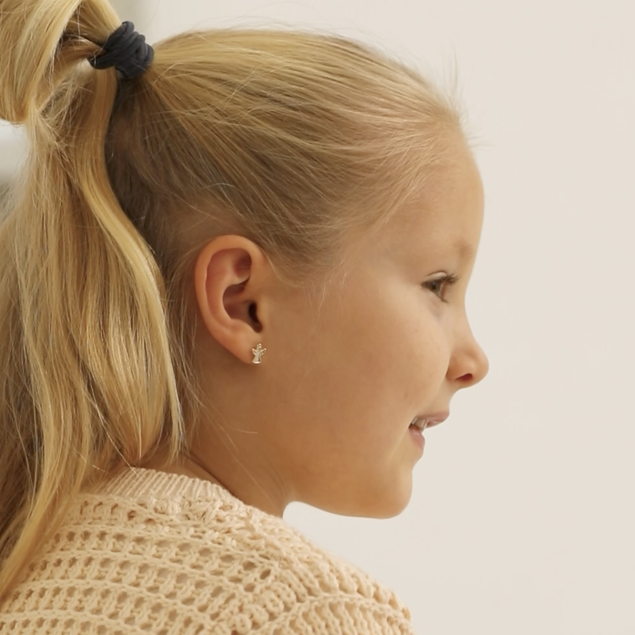 thumbnail video image 2 of 14k Gold Mother of Pearl Angel Kids / Children's Earrings Safety Screw Back, 2 of 8