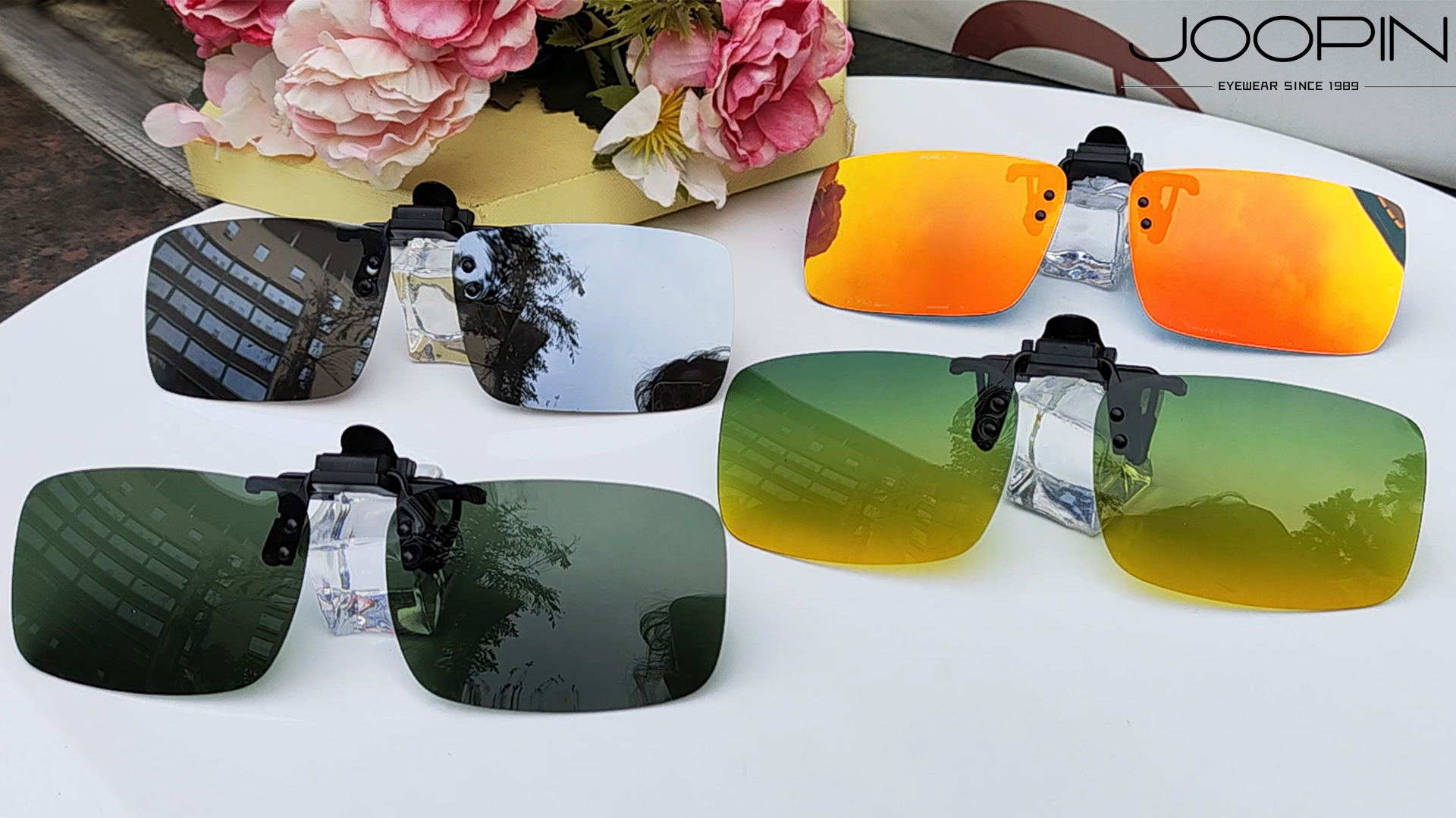 thumbnail video image 2 of Joopin 2 Pairs Polarized Clip-On Sunglasses Rimless Flip Up Anti-Glare Driving Glasses(orange+silver), 2 of 10