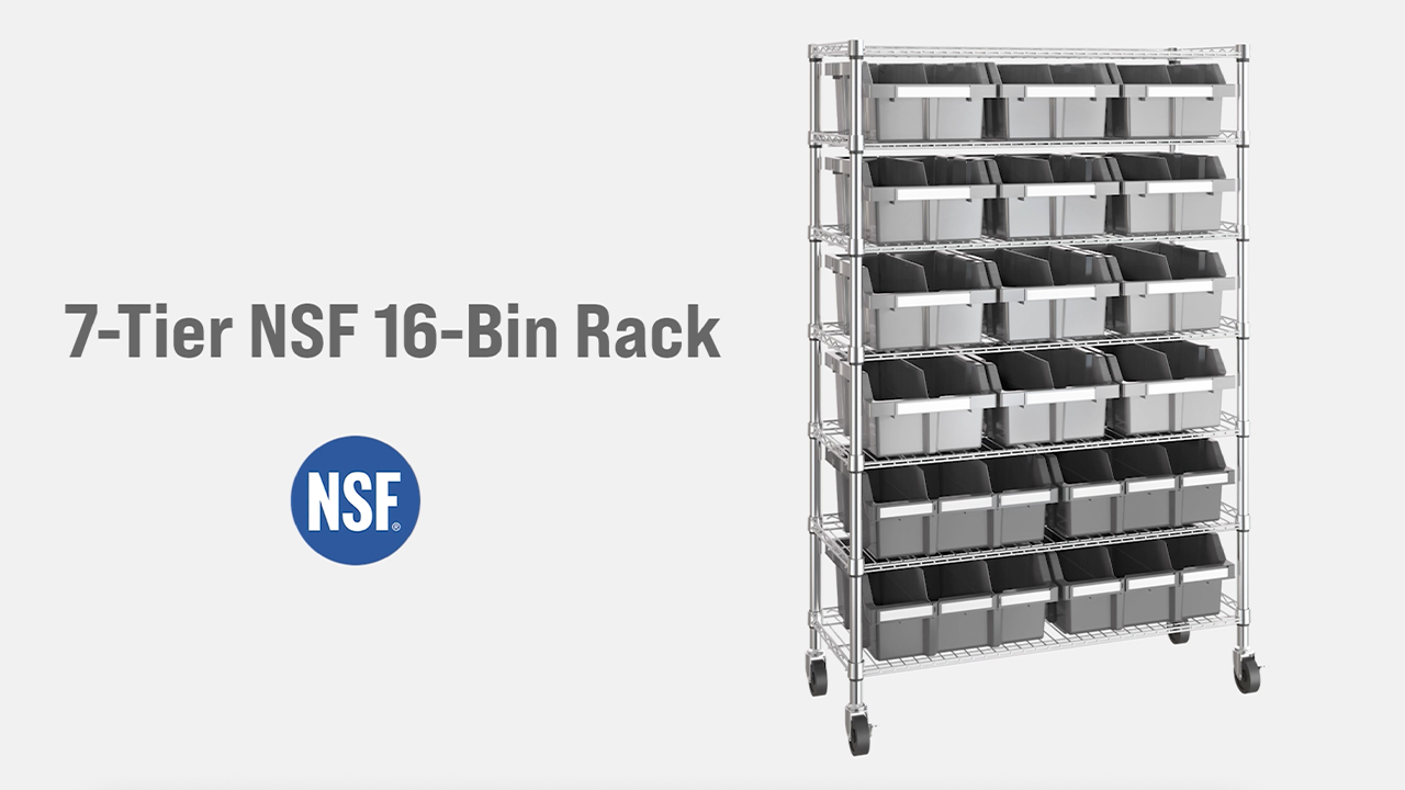 thumbnail video image 2 of Seville Classics 7-Tier NSF 16-Bin Rack, 36" W x 14" D x 56" H, Gray, 2 of 11