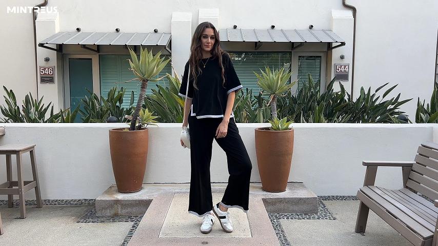 thumbnail video image 2 of MINTREUS Women's Cotton 2-Piece Loungewear Short-Sleeve Round-Neck Pullover Top Wide-Leg Pants Women's PJ Casual Set S-4X, 2 of 9