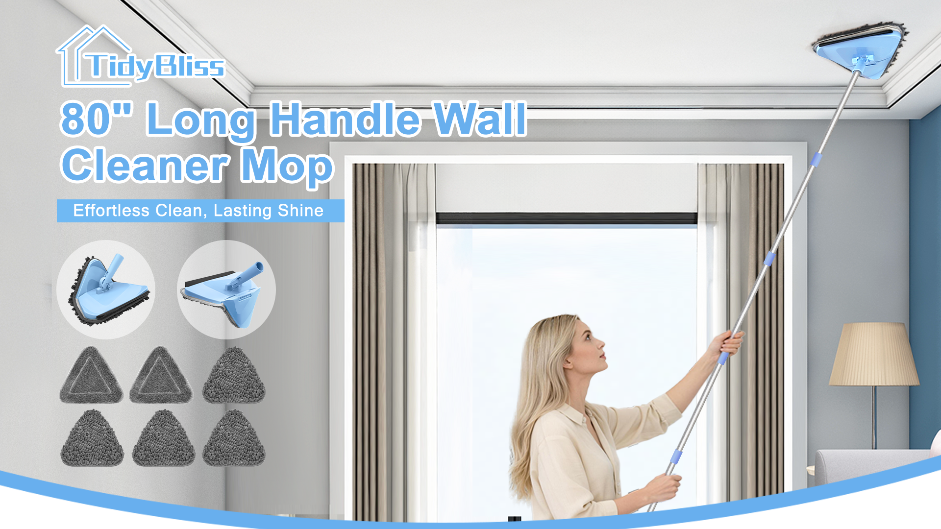 thumbnail video image 2 of TidyBliss Wall Cleaner Mop with 80” Long Handle (Blue), 2 of 9