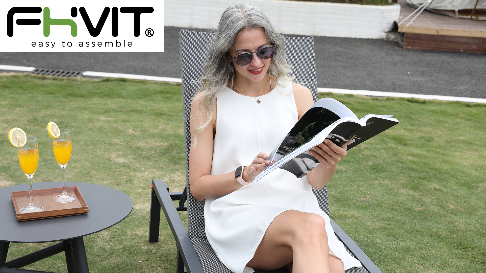 thumbnail video image 2 of FHVIT 2pcs Patio Outdoor Chaise Lounge, Aluminum Adjustable Pool Chair, No Assembly Required, 2 of 7