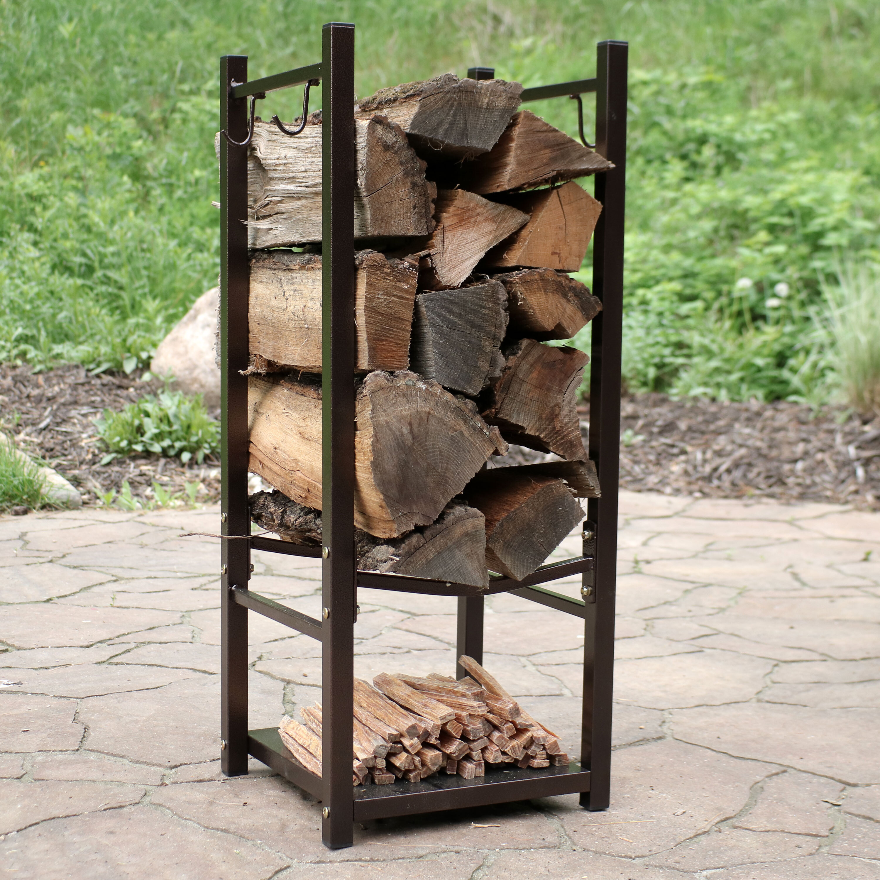 thumbnail video image 2 of Sunnydaze 32" Indoor or Outdoor Powder-Coated Steel Log Holder with Tool Hooks, 2 of 9