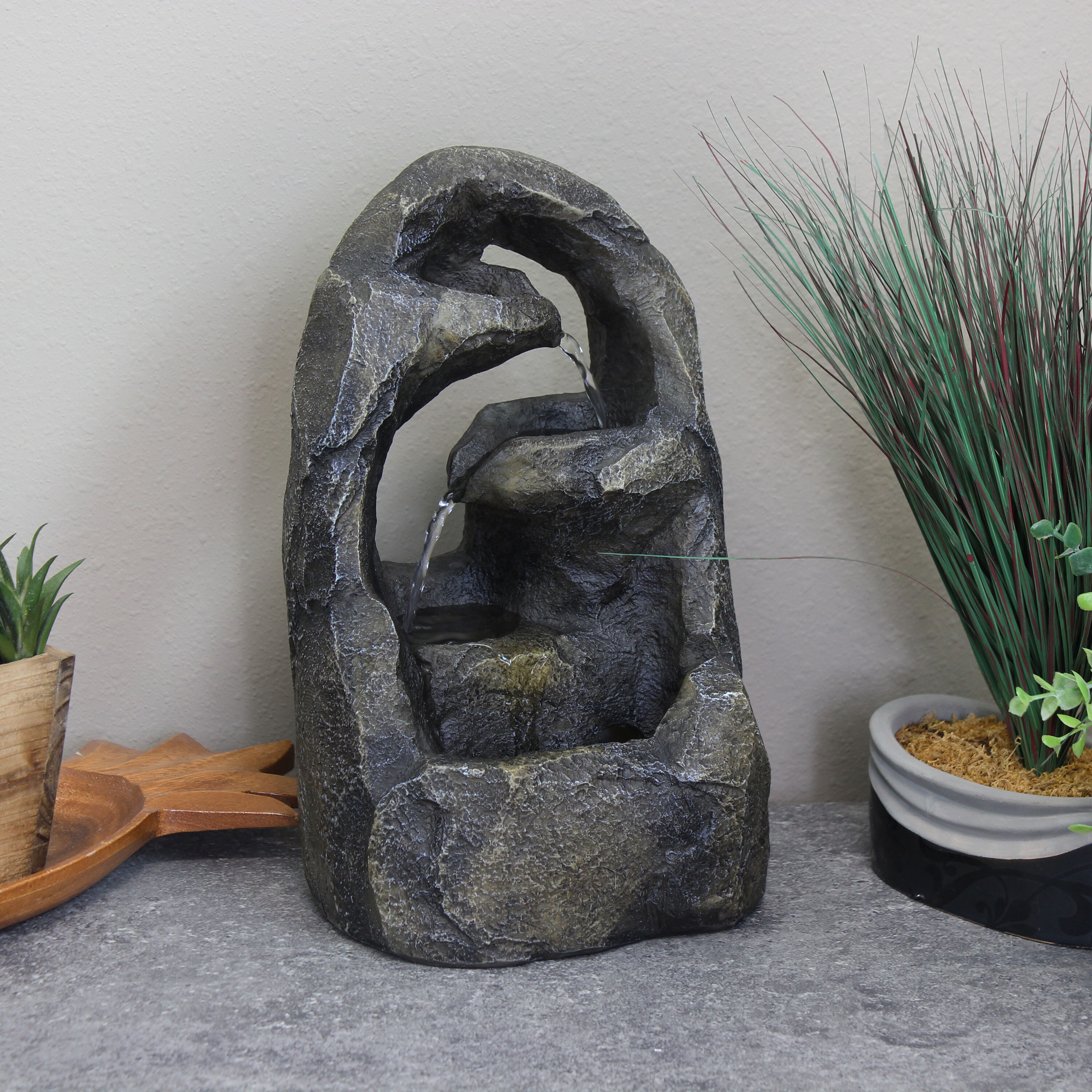 thumbnail video image 2 of Sunnydaze Cavernous Rock Tiers Rustic Gray Polyresin Tabletop Fountain, 2 of 13
