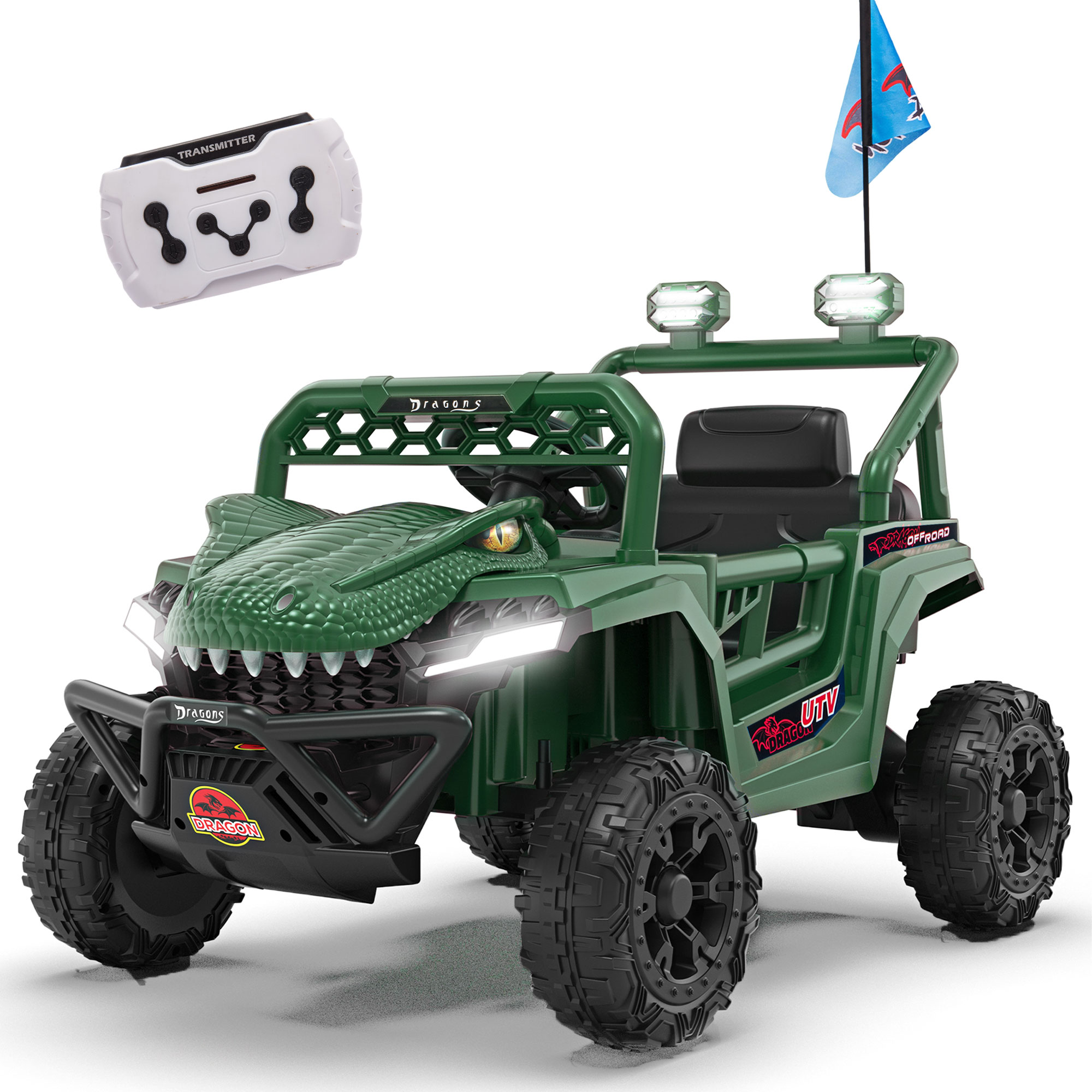 thumbnail video image 2 of 12V Ride On Cars for Kids, Kids Ride on Toys with Remote Control, Dinosaur Kids UTV Cars, 4 Wheel Suspension Electric Vehicle with Bluetooth, Music, LED, Ideal Gift for Boys Girls 2-4, Green, 2 of 9