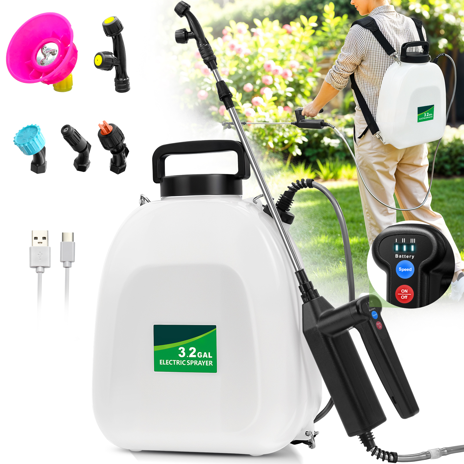 thumbnail video image 2 of Battery Powered Sprayer 3.2 Gallon, Electric Backpack Garden Sprayer with 4 Nozzles & 32" Telescopic Wand, Rechargeable Weed Sprayer for Lawn, Yard, Plants, 2 of 8