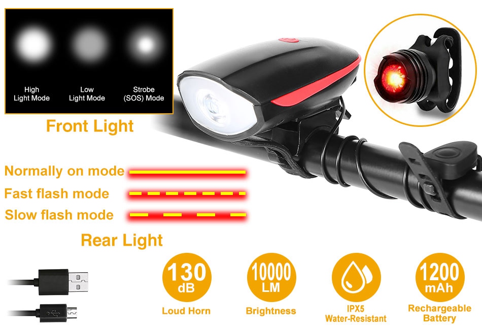 thumbnail video image 2 of Imountek 10000lm Bike Headlight USB Rechargeable LED Bicycle Front Light Rear Tail Light with 130dB Loud Horn for Night Riding, Black, 2 of 9