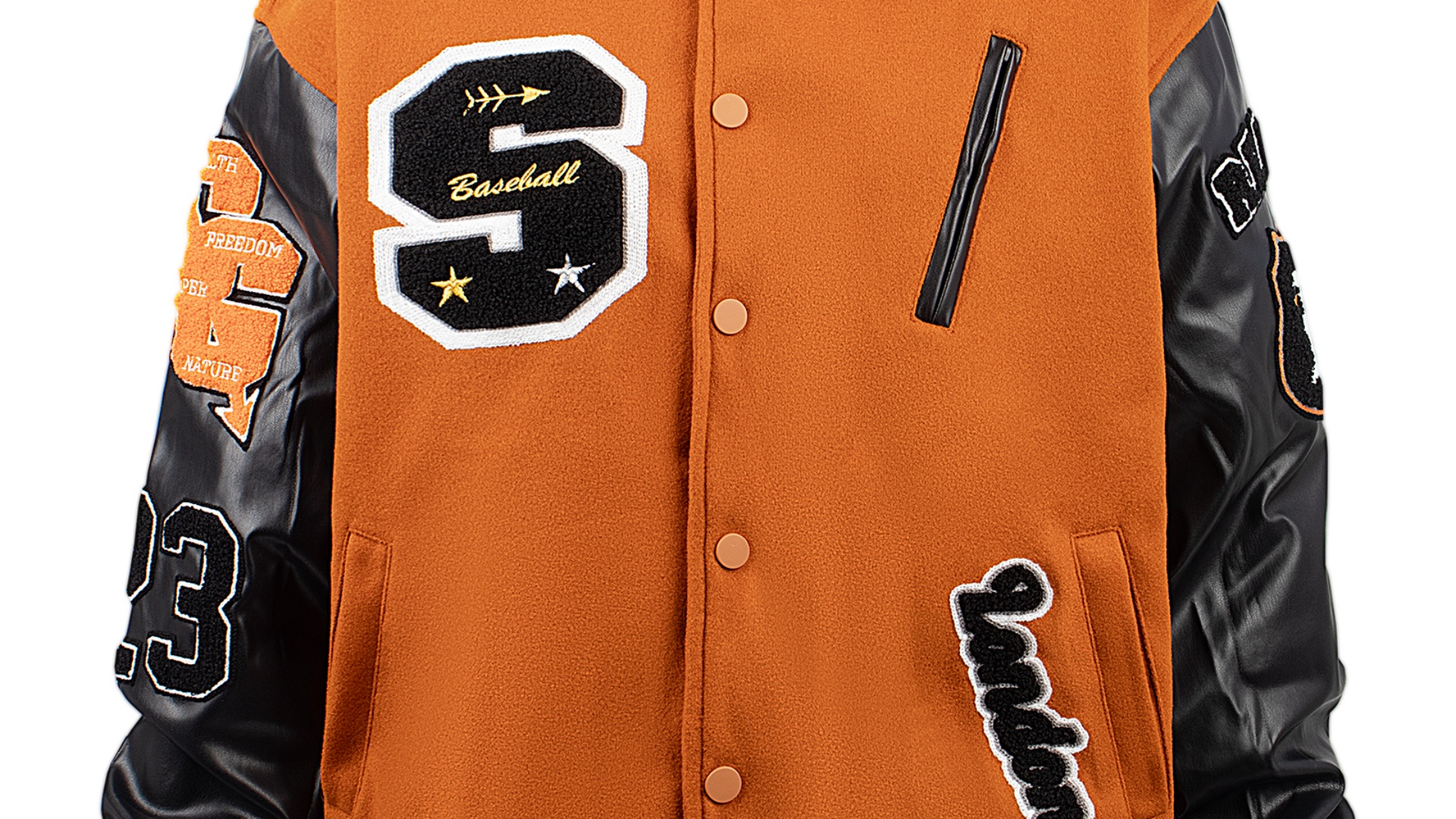 thumbnail video image 2 of RAOENJADO Mens Letterman Bomber Jacket Varsity Baseball Coat Vintage Streetwear with PU Sleeves Orange Red XL, 2 of 9